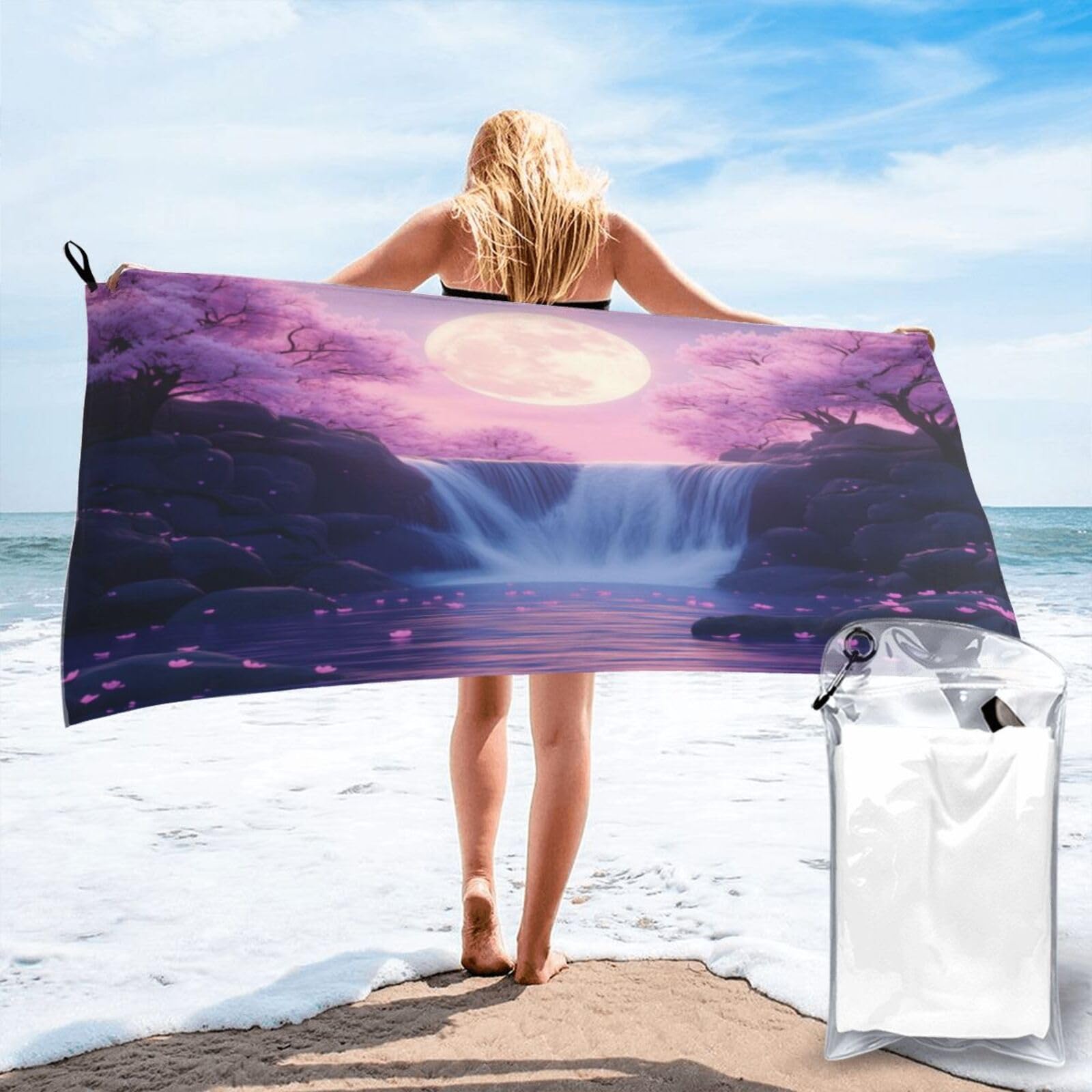 Anceky Magical Pink Cherry Blossom Waterfall Moonlit Night Scene Quick Dry Microfiber Travel Towel with Carry Case and Carabiner 27.5"X55"