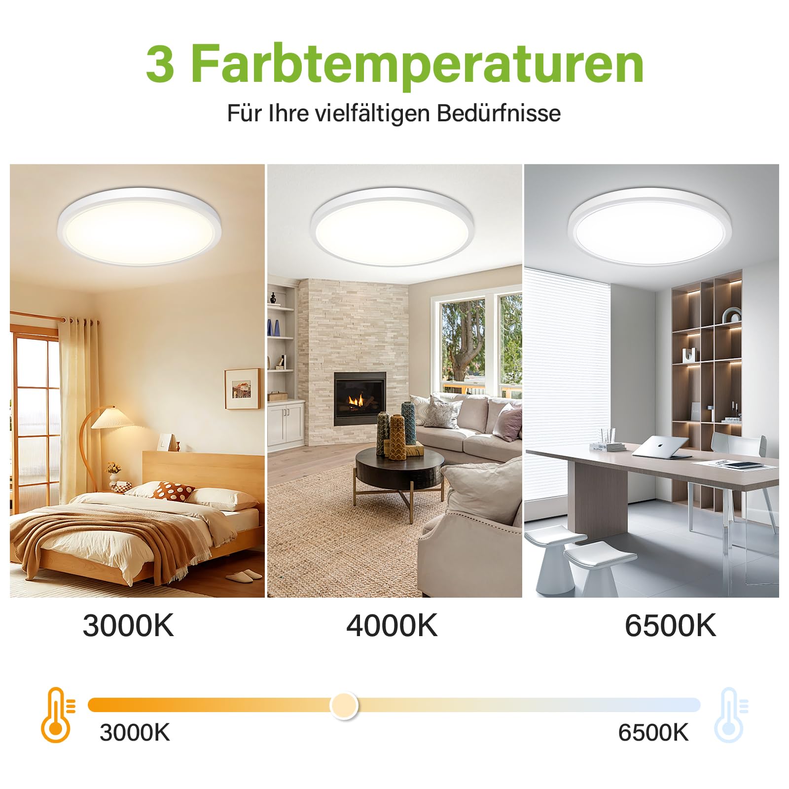 Bzavor LED Deckenleuchte Flach Effizienzklasse A 11W 2600LM,3Farben-3000K/4000K/6500K,Ø30CM led deckenlampe IP54 Wasserfest Ultra Dünn Lampe Panel für Wohnzimmer bad flur schlafzimmer Wohnzimmer Büro