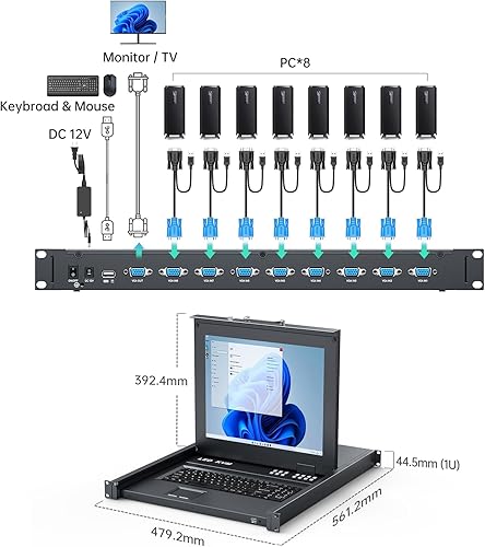 Miniatura 4 de MT-Viki Conmutador KVM de 8 puertos VGA con monitor LCD de 17 pulgadas, consola KVM LCD para rack de 1U de 19 pulgadas, integrado con teclado+panel