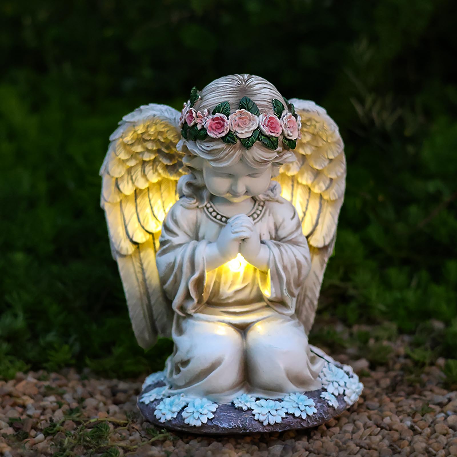 VEEKI Statue d'ange solaire d'extérieur en résine imperméable pour extérieur, jardin, cour, patio, tombe, cimetière, cadeau commémoratif