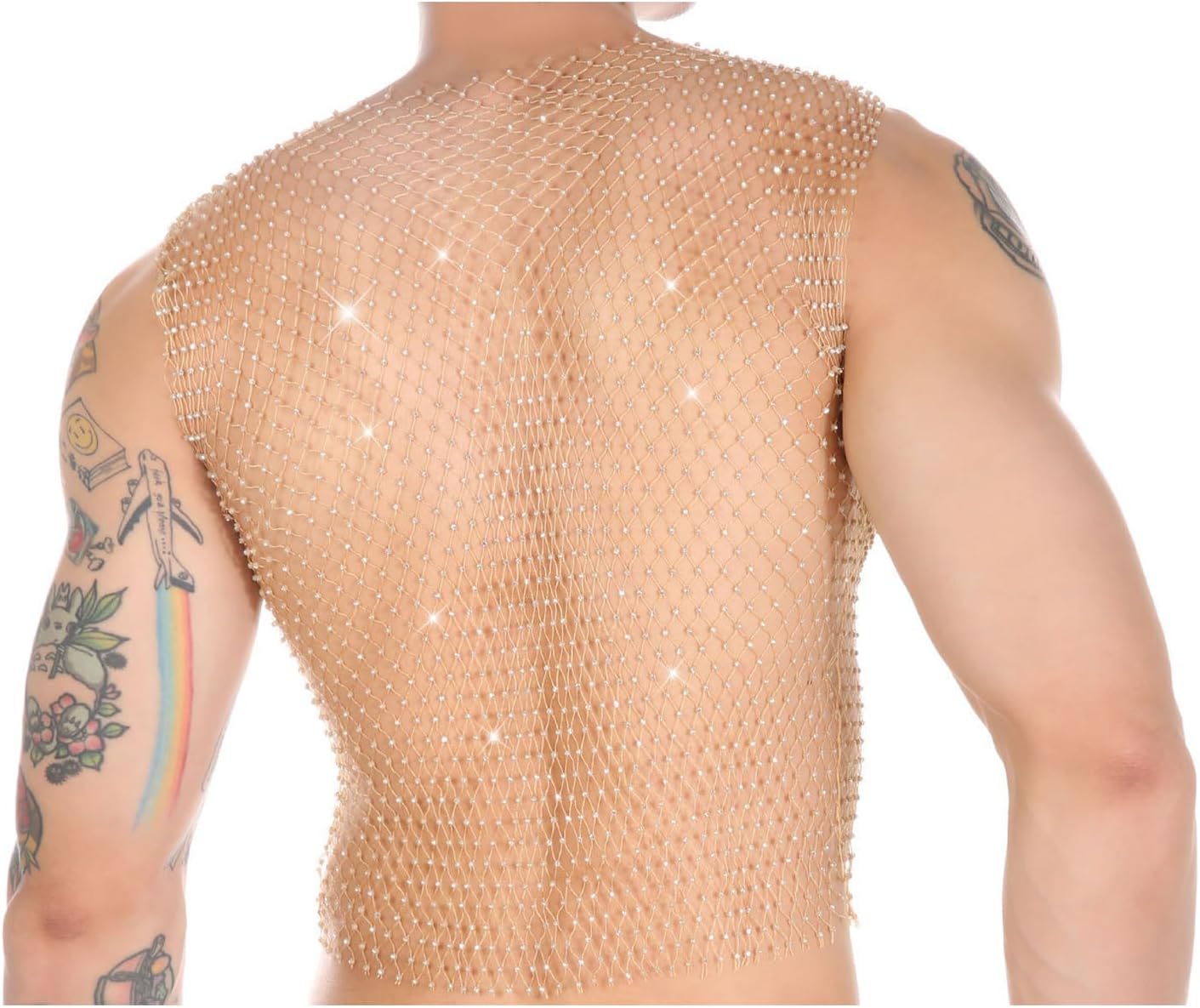 Rhinestone Mesh Top Men Fishnet Tank Top Sexy Cropped Shirt Rave Sheer Vest - Image 3