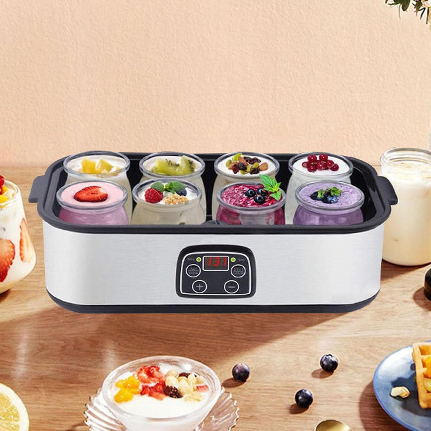 AUNMAS Yogurt Maker Machine, Home Yogurt Production Device with 8 Cup Capacity Automatic Temperature Control 0 to 48 Hour Timer for Breakfast Preparation (US Plug 110V)
