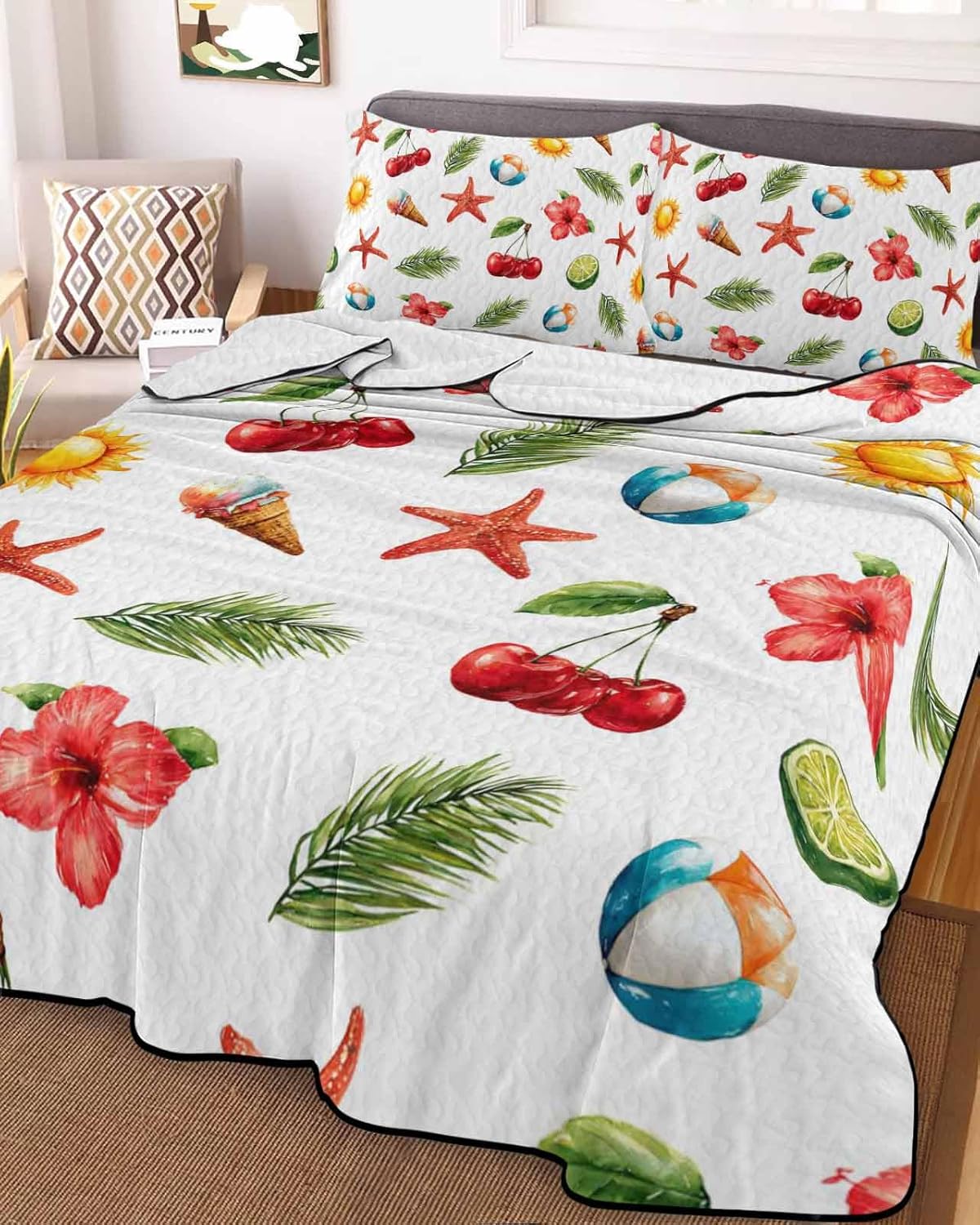 King Size Quilt Set, Summer Cherry Starfish Lightweight Bedspread Coverlet Set Soft Microfiber Summer Quilt with 2 Pillow Shams, Palm Leaves Beach Ball 3 Piece Comforter Bedding Set