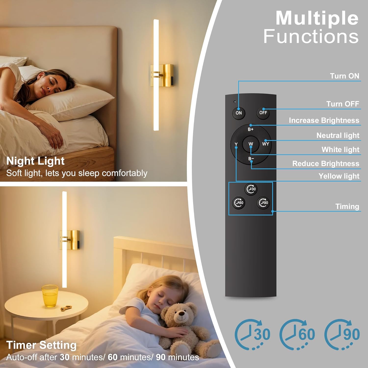 Battery Operated Wall Sconce, Gold Rechargeable Wall Lights with Dimmable Remote Control, 23.6 Inch 3000K-6000K LED Wireless Wall Lamps for Bedroom, Hallway, Background Wall