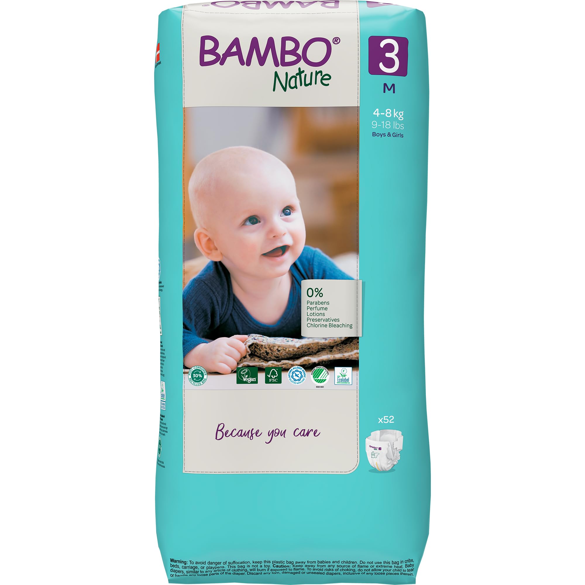 Bambo Nature Premium Baby Tape Diapers for Baby Medium Size (4-8 Kgs) - Super Absorbent, Breathable, Extra Soft, Dermatologically Tested Infant Nappies, Bamboo Diaper With Wetness Indicator, 52 Count