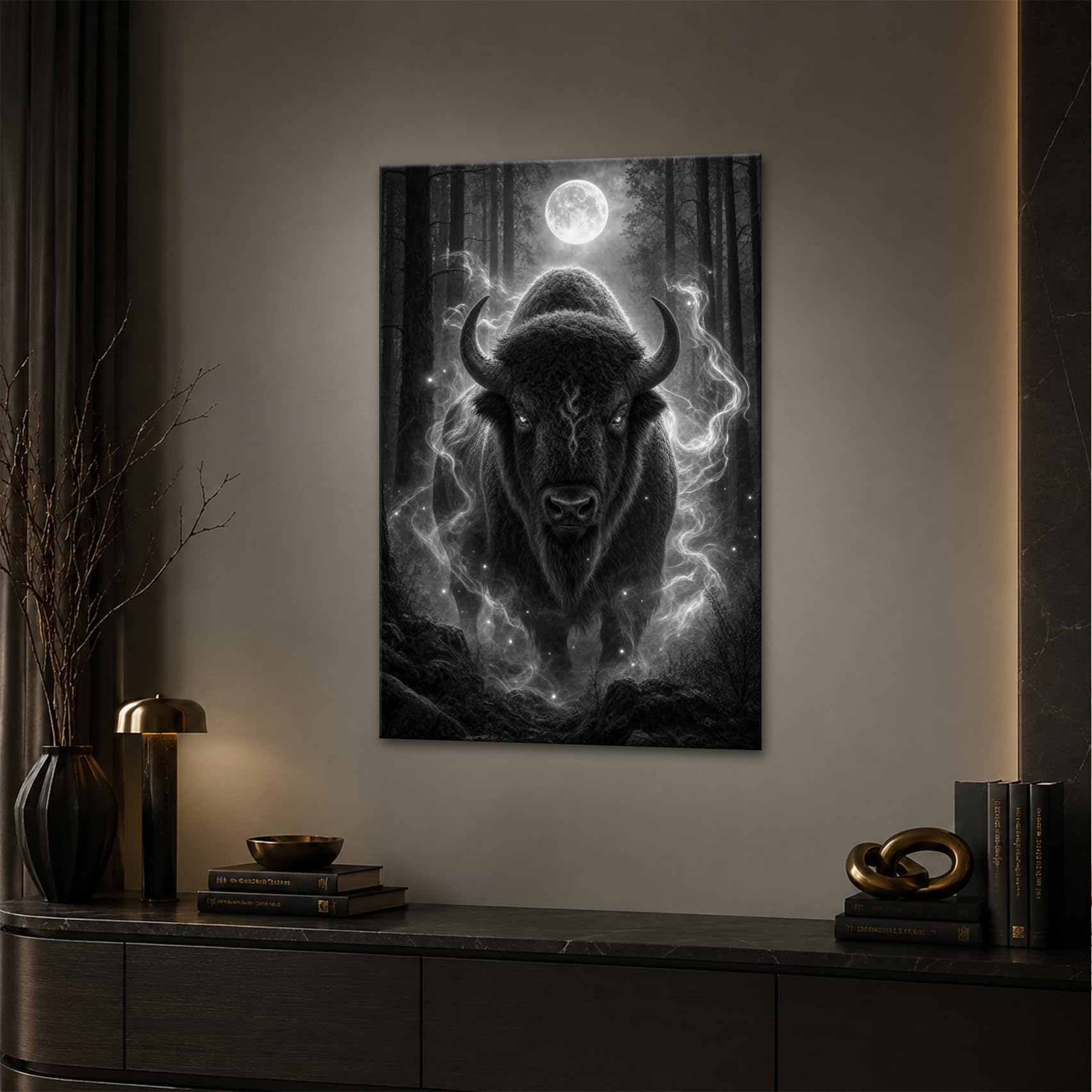 Obraz na płótnie Bison ze świecącymi oczami w pełni księżyca 80 x 60 cm czarno-biały