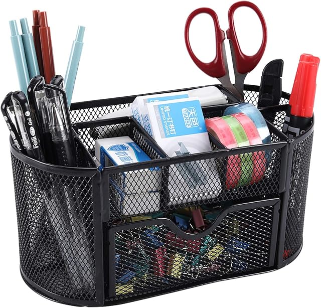 EasyPAG Office Mesh Desk Tidy Versatile Stationery Storage Desktop Organiser Pen Holder with Drawer,Black