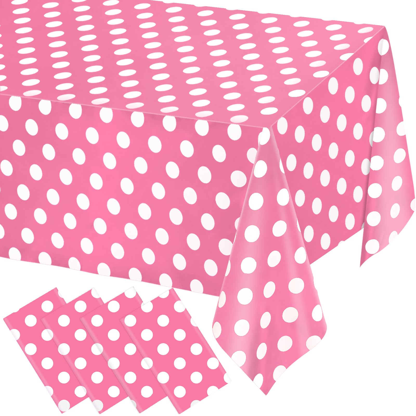 WNINK 4 Pack Pink and White Polka Dot Tablecloths – Pink Disposable Plastic Waterproof Table Cover, 54" x 108", for Birthday, Wedding, Bridal Shower, Bachelor, Pink Girl Party, and Picnic