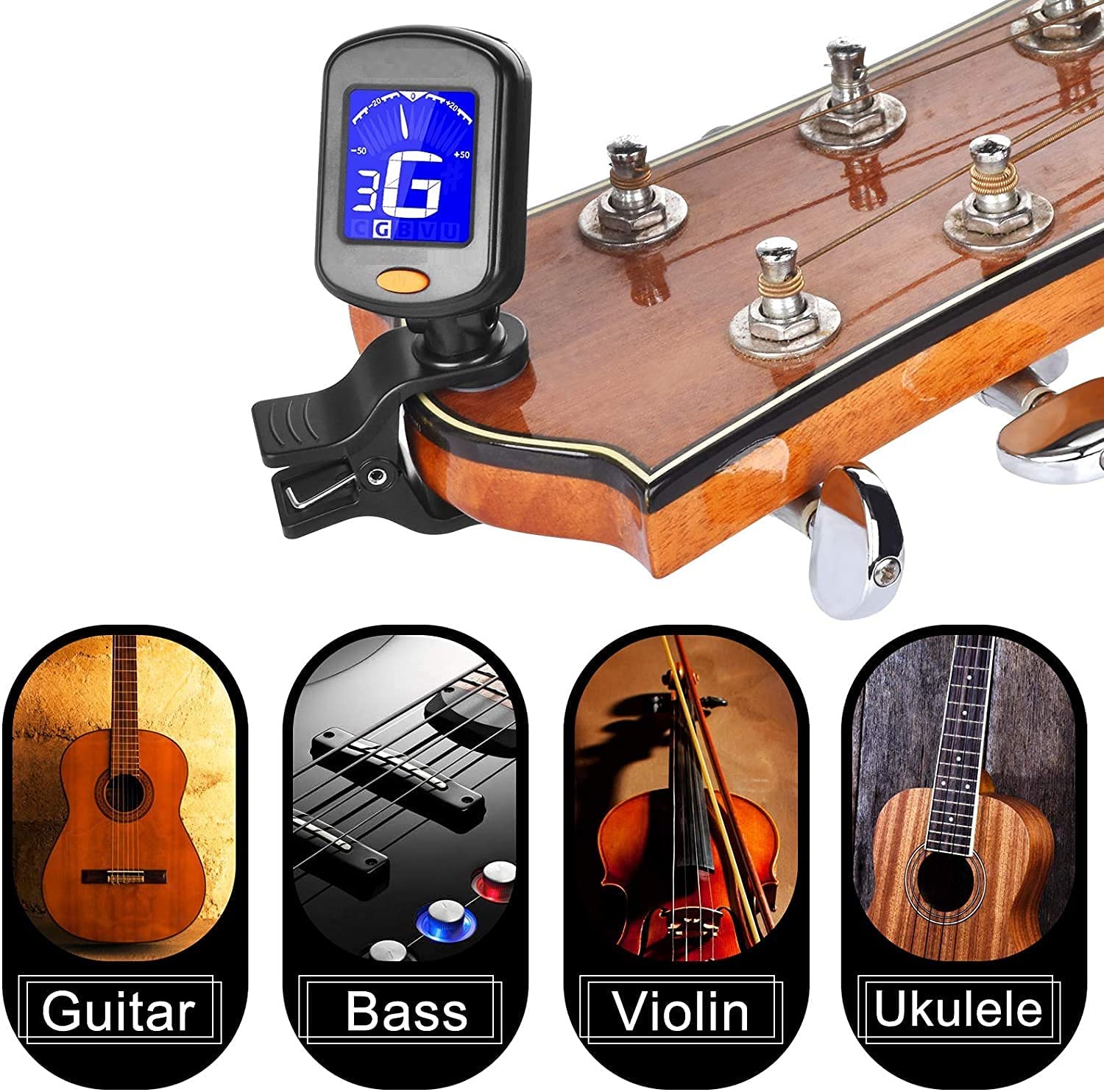 DEVICE OF URBAN INFOTECH Afinador de guitarra con pantalla LCD, afinador digital cromático con púas de guitarra y cuerda de acero inoxidable, kit de accesorios para guitarra para instrumentos