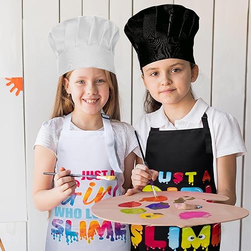 Miniatura 5 de GROBRO7 Juego de 4 delantales y sombrero de chef para niños, regalo para niñas, Just A Girl Who Loves Slime, delantales ajustables para cocina,
