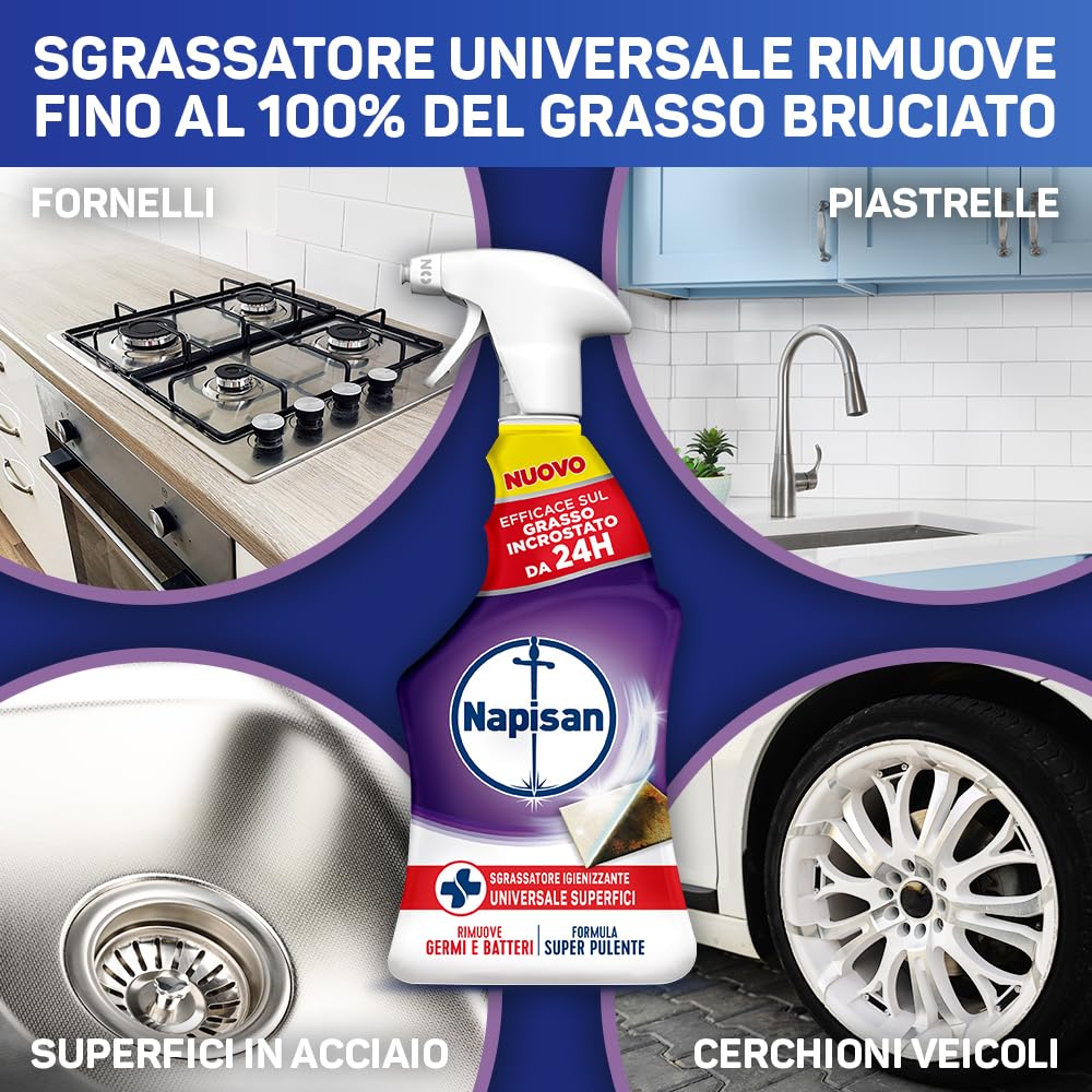 Napisan Sgrassatore Igienizzante Universale Superfici, Confezione da 12 pz da 740 ml di Sgrassatore Igienizzante, Spray da 740 ml