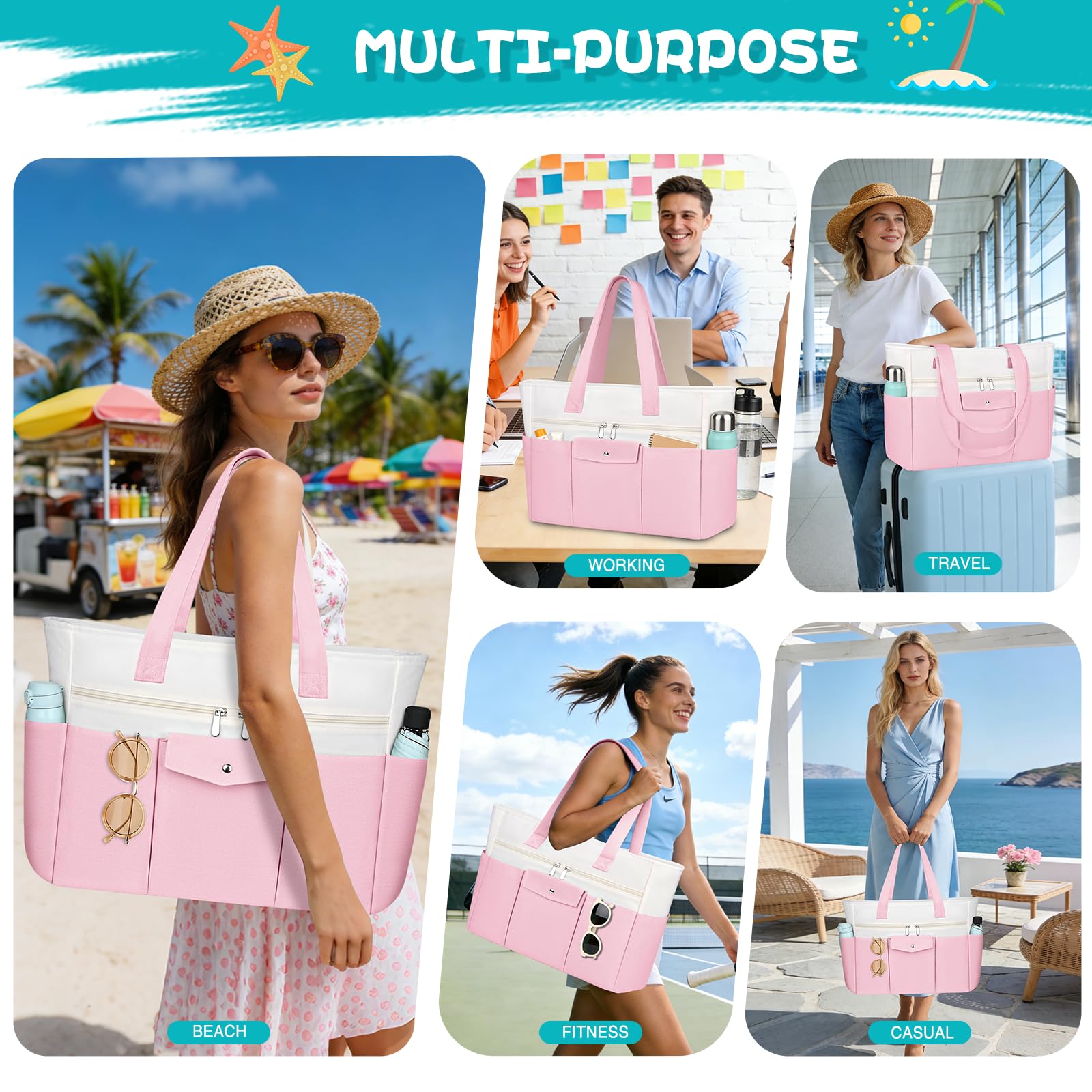 TEUEN Gran Bolso Shopper XXL Impermeable – Bolsa de Playa de Tela con Compartimento Impermeable y Cremallera, Bolsa de Viaje Ligera con Múltiples Bolsillos para Mujer