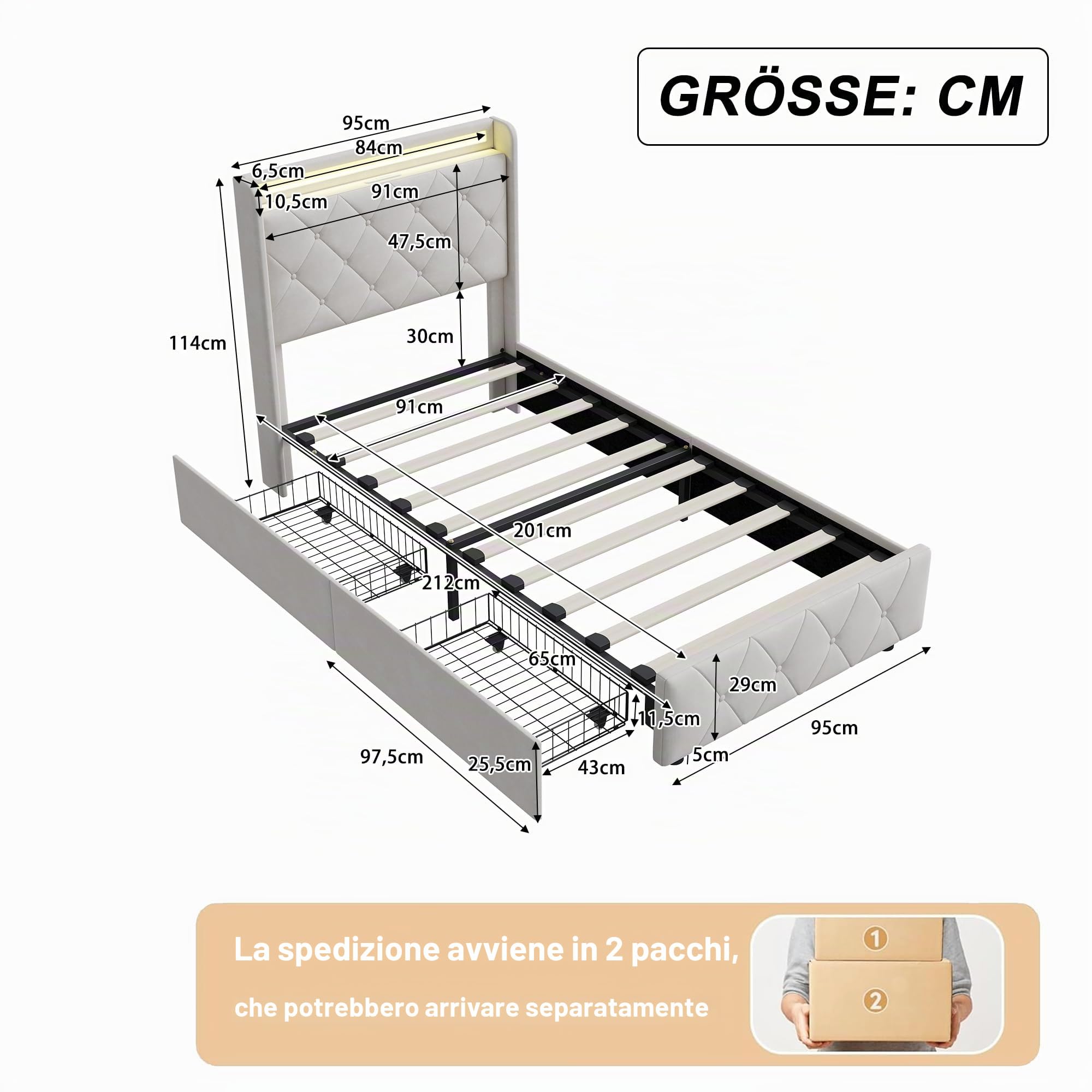 Letto Singolo 90x200 con Contenitore, Letto Imbottito con LED e Stazione di Ricarica, Struttura Letto con 2 Cassetti, Letto Funzionale con Rete e Testiera, senza Materasso, Velluto Beige
