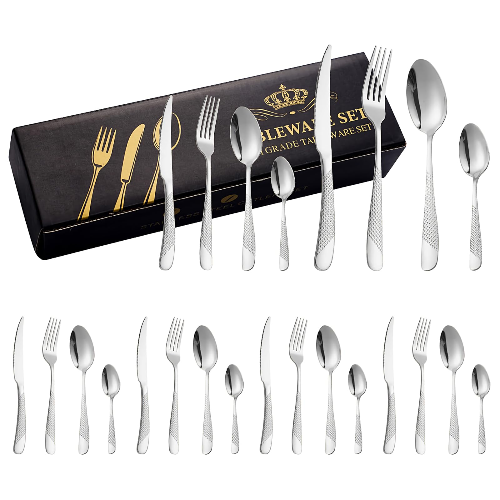 Confezione da 24 posate in acciaio inox resistenti con forchette, cucchiai, coltello da bistecca, lavabili in lavastoviglie (argento)