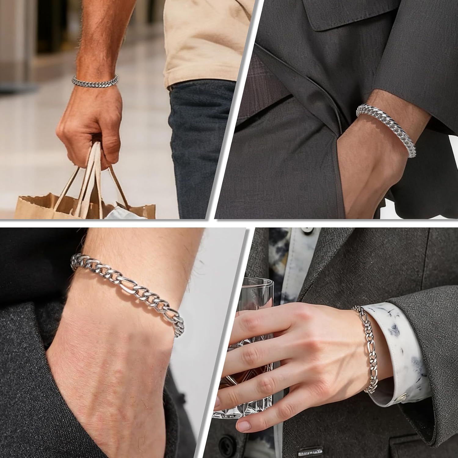 2-Pack Men's 8-inch Stainless Steel Bracelet, Polished Finish Cuban Link Chain, Waterproof Tarnish-Free Jewelry Gift for Men