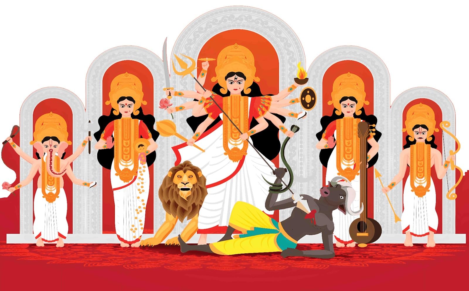 Ciroq Maa Durga Bengali Mahisasur Mardini Avtar Printed Backdrop Cloth for Pooja Decoration Traditional, Background Decoration Cloth for Festival Fabric (Size-5x8 Feet) (Printed)-image-38