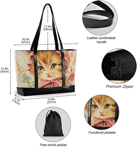 Miniatura 4 de Ilustración vintage de lindo gatito bolso de moda portátil para las mujeres con cremallera totes bolso grande para el vuelo con la tableta maletín