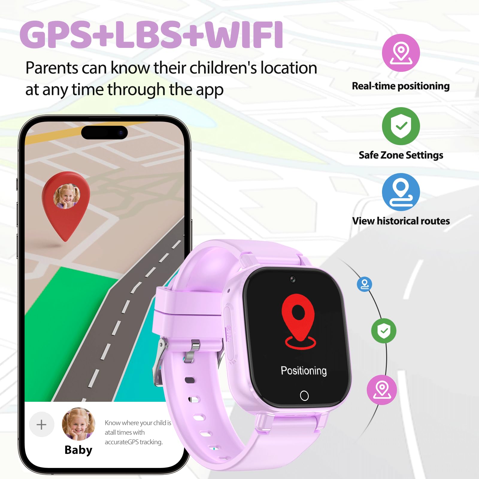 Alutoria Smartwatch Bambini-Orologio Bambina con 4G GPS | Videochiamate, chat vocale, messaggi SOS, WiFi, giochi, contapassi, orologio smart watch per bambini, regalo 4-13, viola