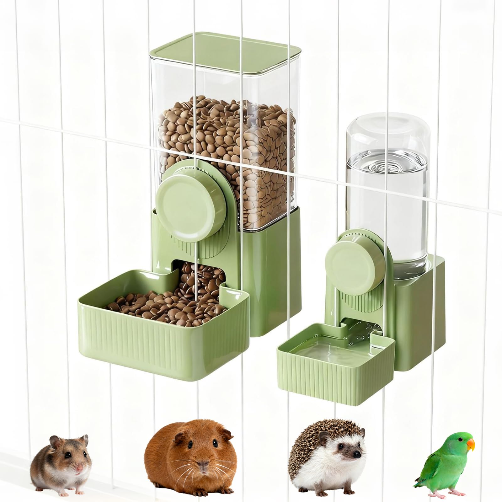 giteo bedding 2PCS Hanging Automatic Pet Food Water Dispenser, Feeder and Waterer Set for Cage, Auto Feeding Station for Rabbit, Guinea Pig, Bunny, Chinchilla, Ferret (Green)