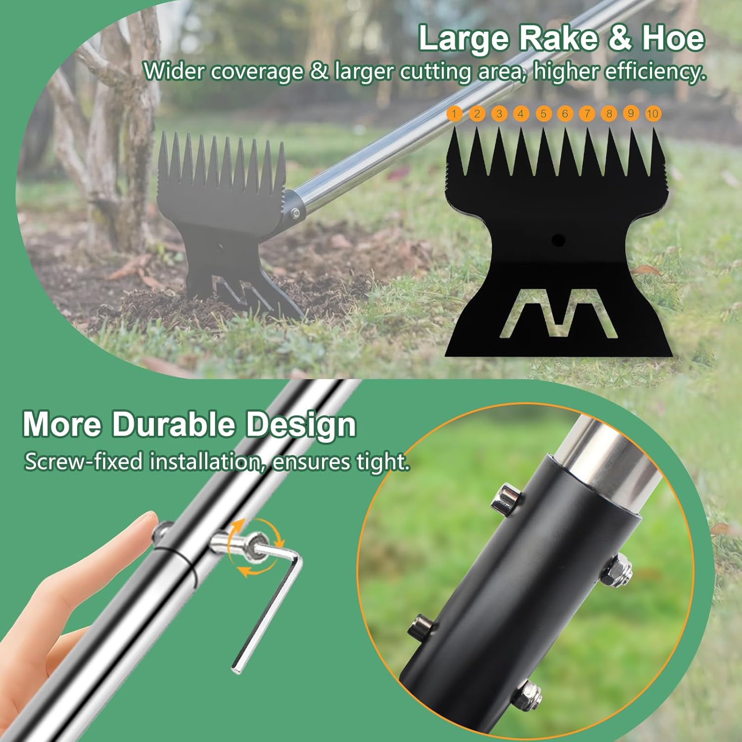 Larger Weed Puller Tool with Long Handle, Heavy Duty 10 Teeth Weed Rake & Hoe Garden Tool for Weeding, 57" Garden Hoe Weed Remover Tool with Detachable Handle, Manual Weeder for Garden Yard Lawn Patio