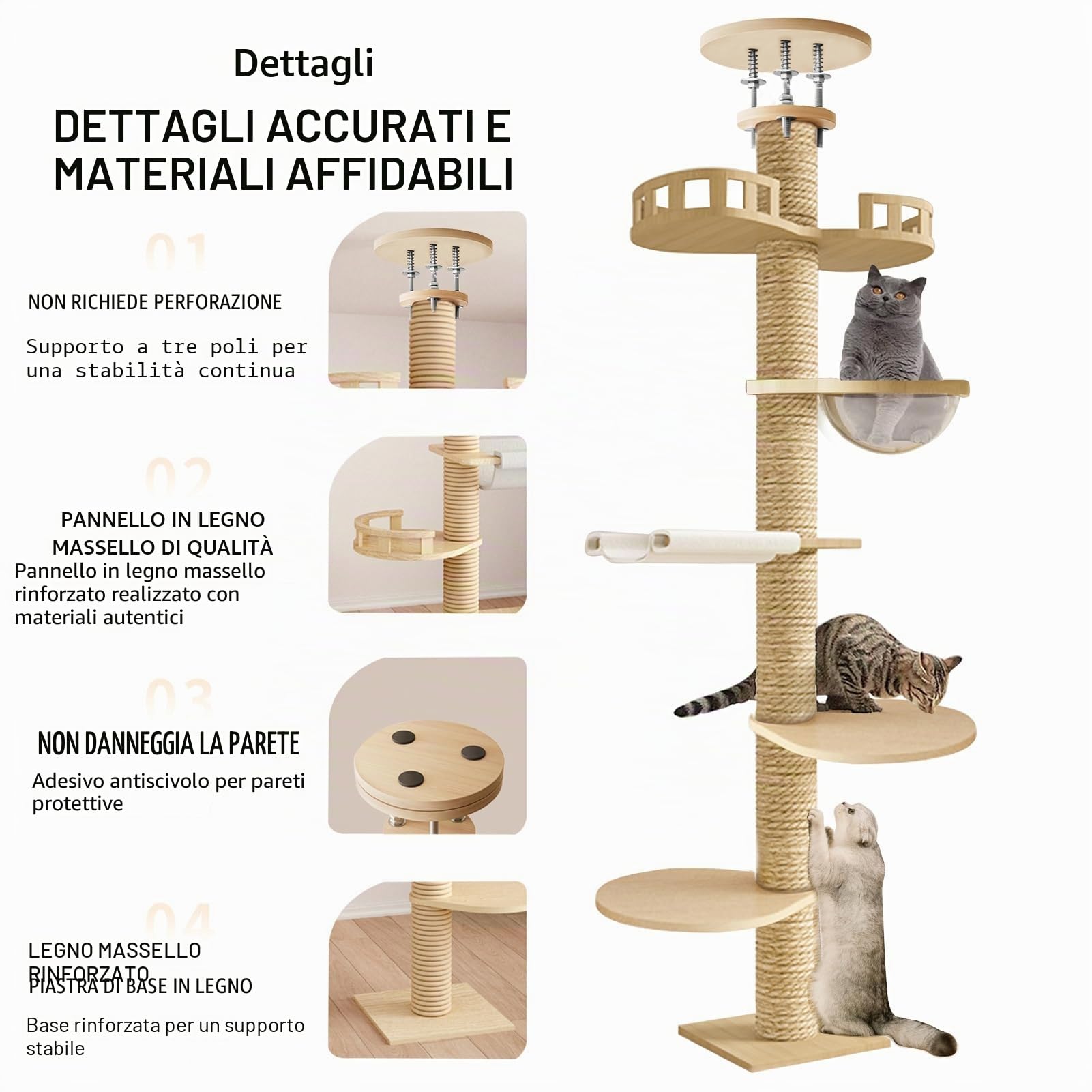 Torre Tiragraffi per Gatti, Altezza Regolabile 300 cm, Albero Stabile per Interni, Torre da Gioco per Gatti di Grandi Dimensioni, Rilassante Beige