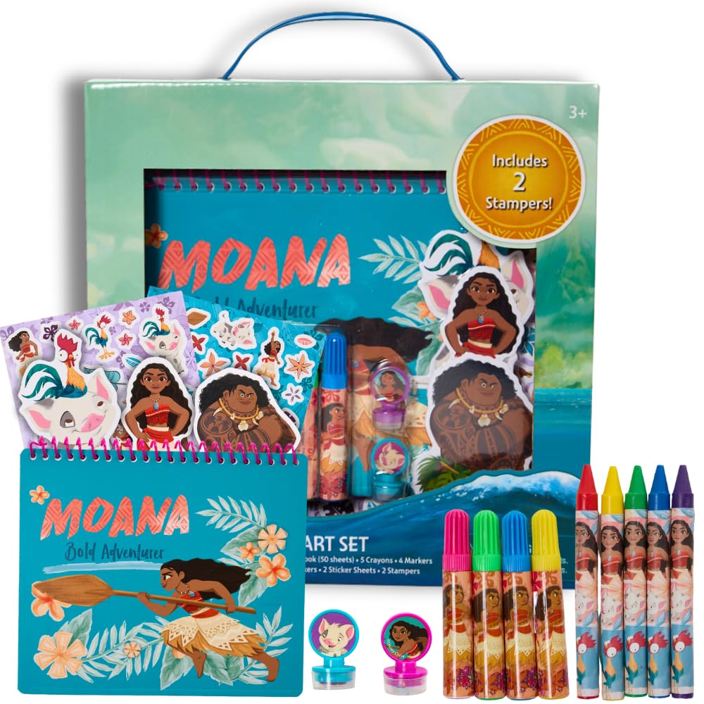 Disney Moana Art Set for Kids, Spiral Notebook, Crayons, Markers, Sticker Sheets, and Stampers