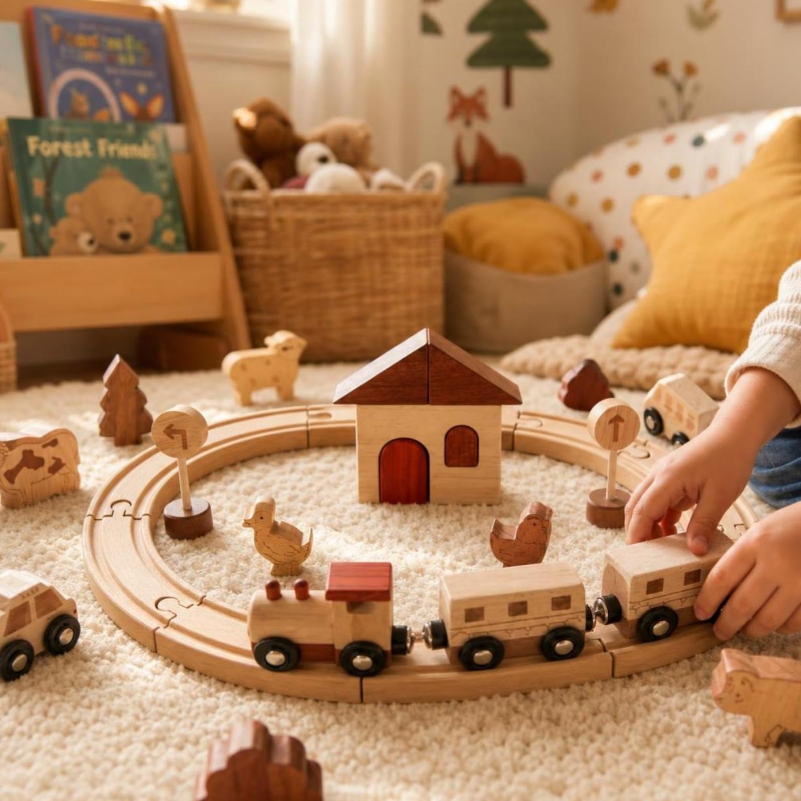 kowaku Set Ferroviario Legno Colori Rosso Marrone e Beige Pezzi Ad Incastro Trenino Giocattolo in Legno per Bambini