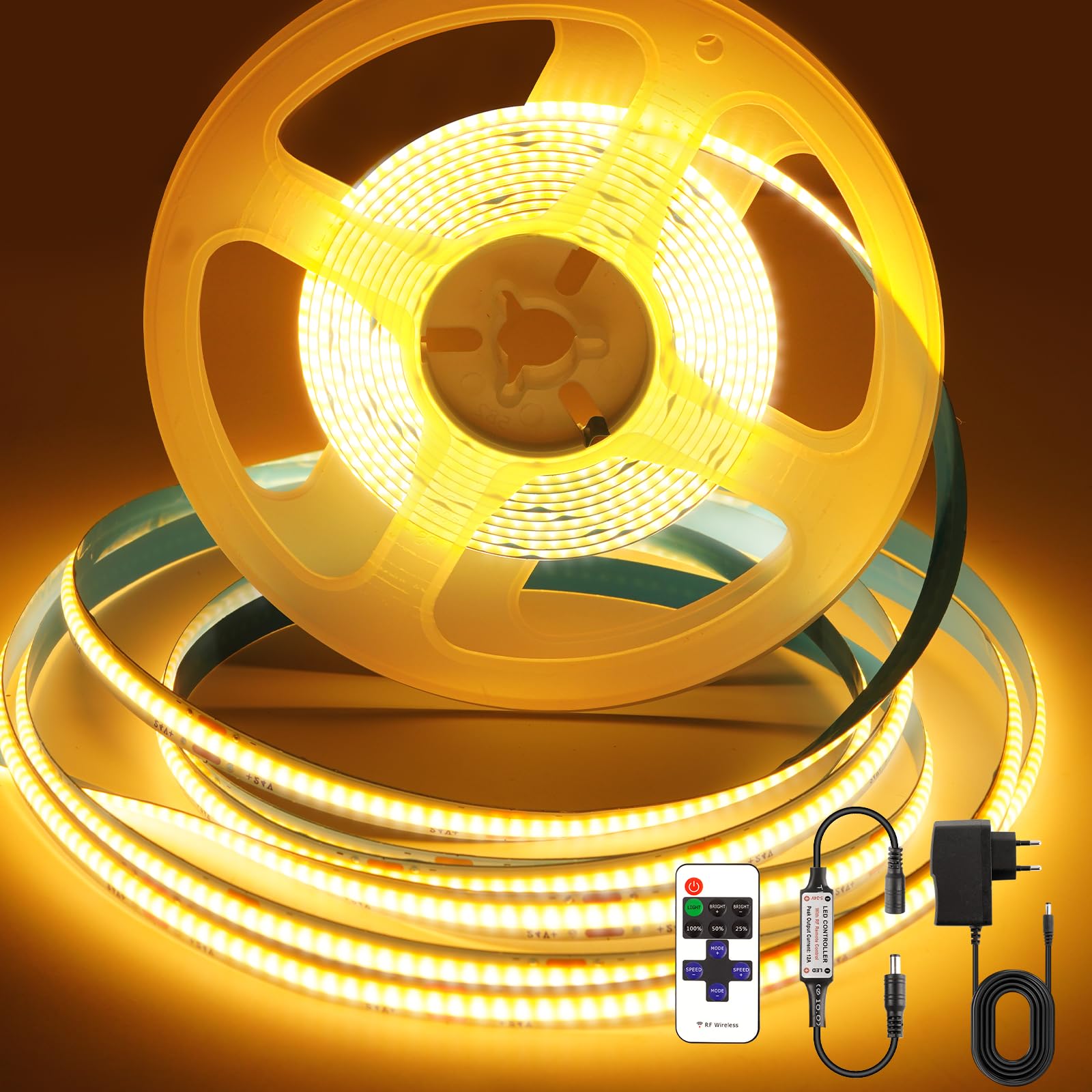 COB LED Strip 3m Warm White 2700K, 24V Dimmable TV LED Backlight Flexible LED Tape with RF Remote Control for Displays Under Kitchen Cabinets, Stairs, Bedrooms 320 LEDs/M — image 1