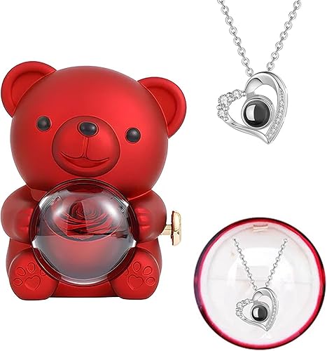 Miniatura 4 de Oso de rosas rojas preservadas con collar de proyección, flores eternas, regalos de cumpleaños para mujeres, novia, mamá, esposa, abuela en Navidad,