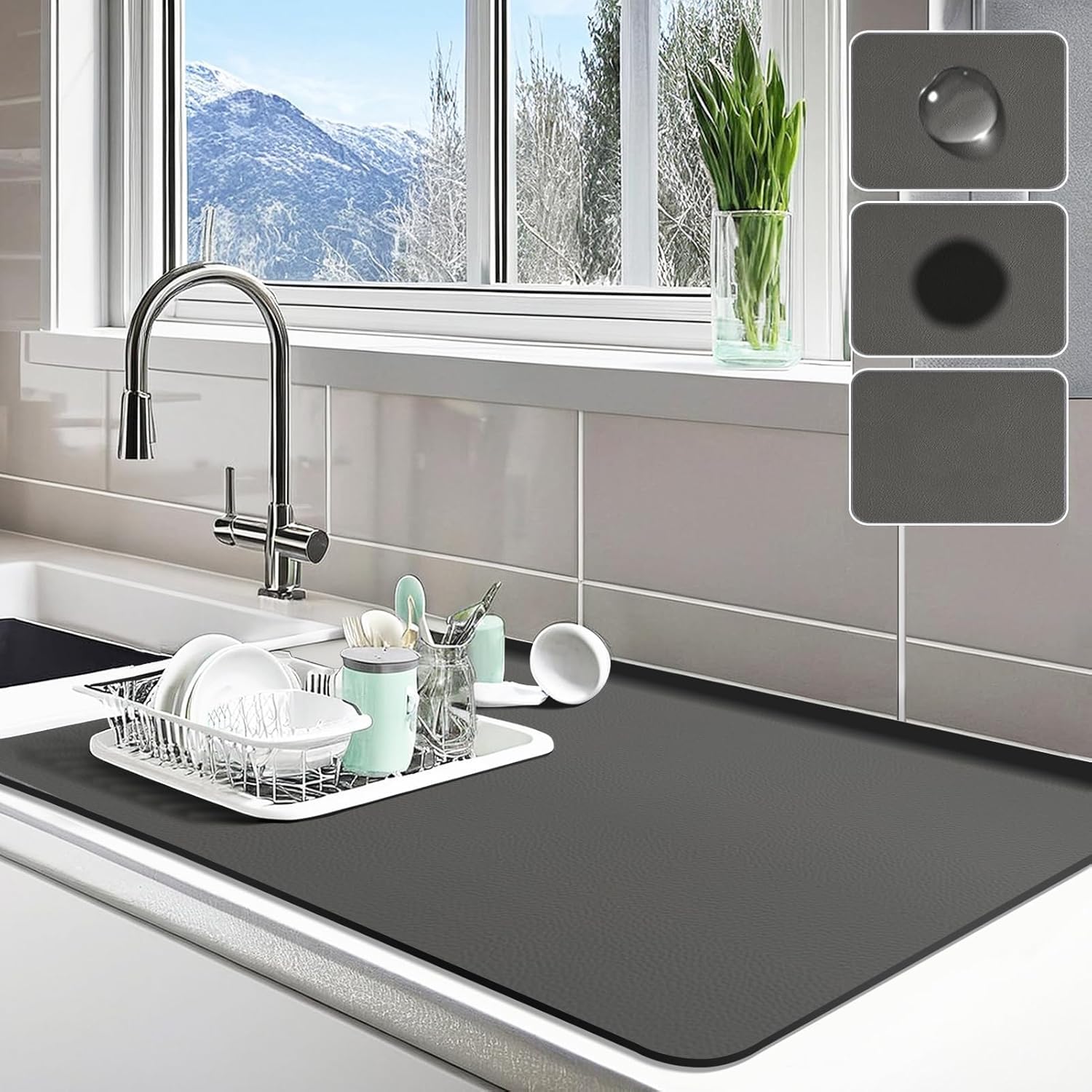 Dish Drying Mat,Super Absorbent Draining Mat for Kitchen Counter,Diatomite Drying Mat with Non Slip Rubber Backed，Quick Dry Coffee Mat Dish Mat (Dark Gray, 40x60cm)