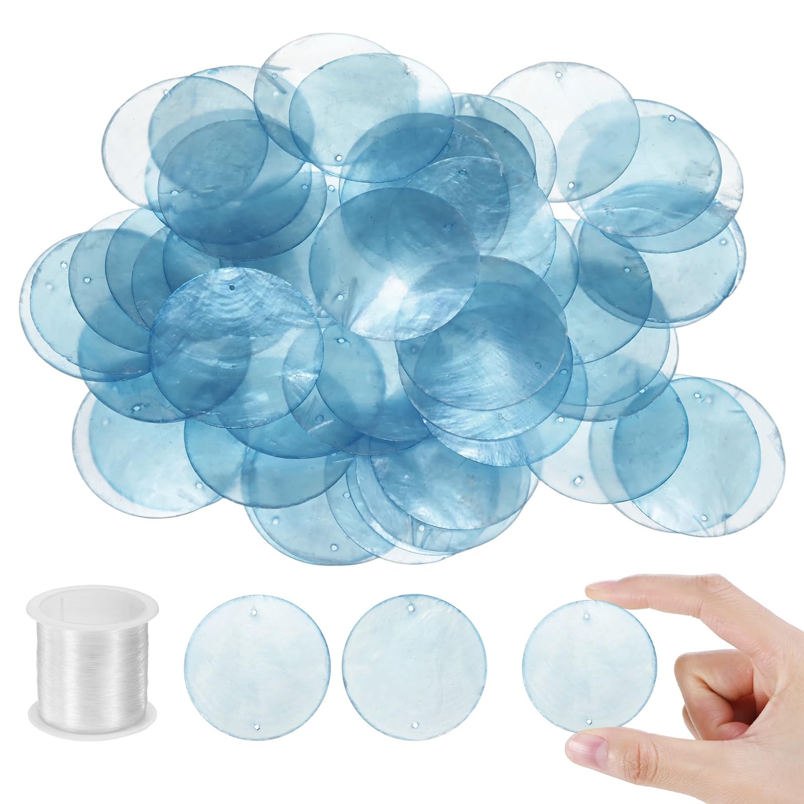 M METERXITY 50-Pack Round Capiz Sea Shells, 2 Inch(50mm) Natural Shell Pieces with String for Wind Chimes/Seashell/Curtain Shell/DIY Craft, Flat Round Coin Bead [Blue]