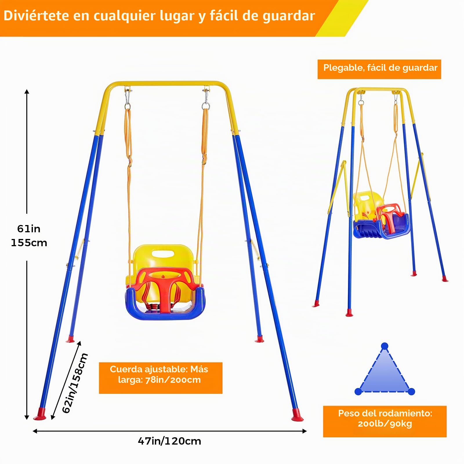 FUNLIO Columpio para Infantil con 4 Sacos de Arena, Columpio para Niño/Bebe Muy Resistente en Parque de Jardin/Exterior/Interior, Soporte de Metal Plegable e Instrucciones, Fácil de Montar y Guardar