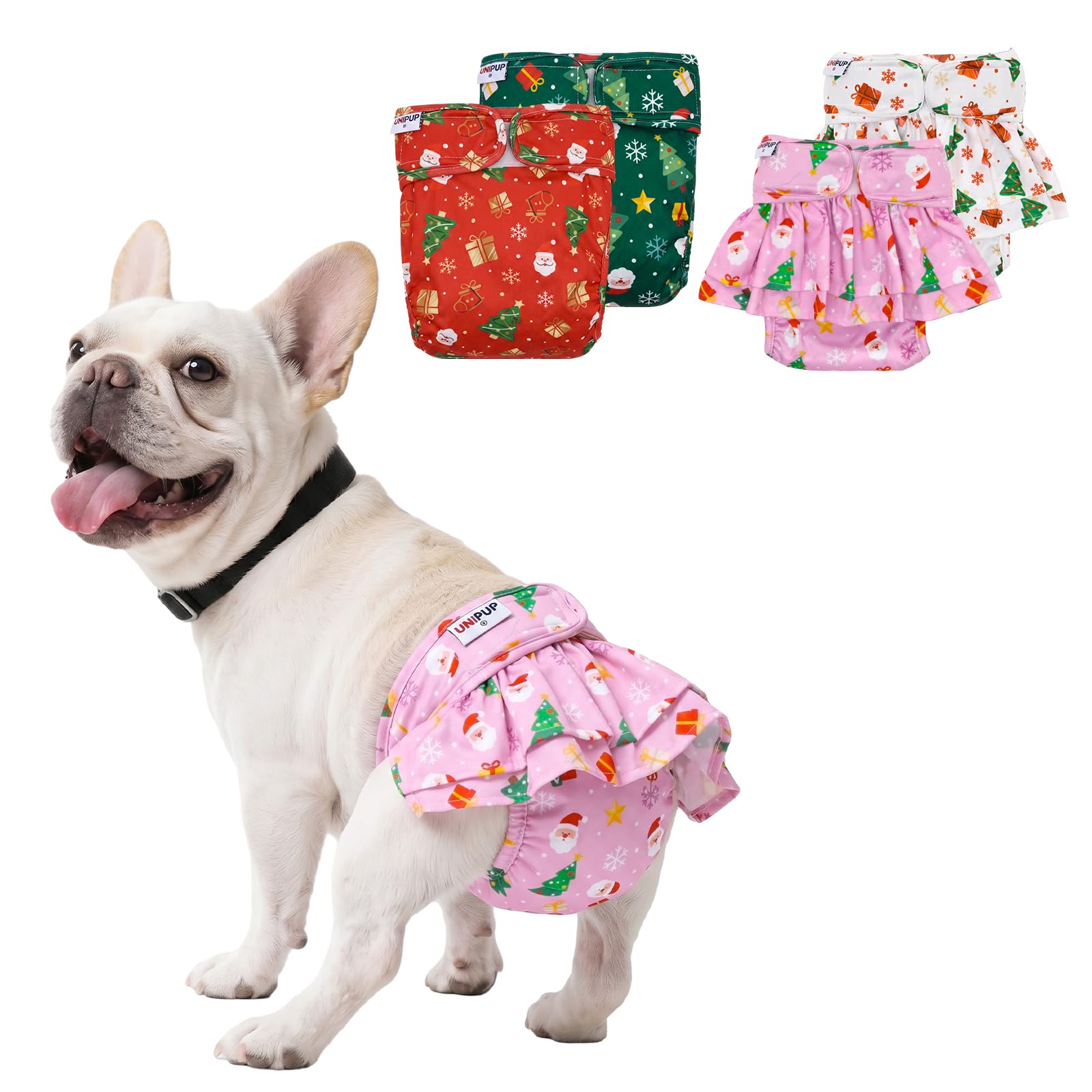 UNIPUP Christmas Female Dog Diapers Reusable No Tail Hole Period Panties Washable Diapers for Docked-Tail Frenchie French Bulldog Boston Terrier Without Tail (2 Pack Regular+2 Pack Skirts) U-WWDQB09S