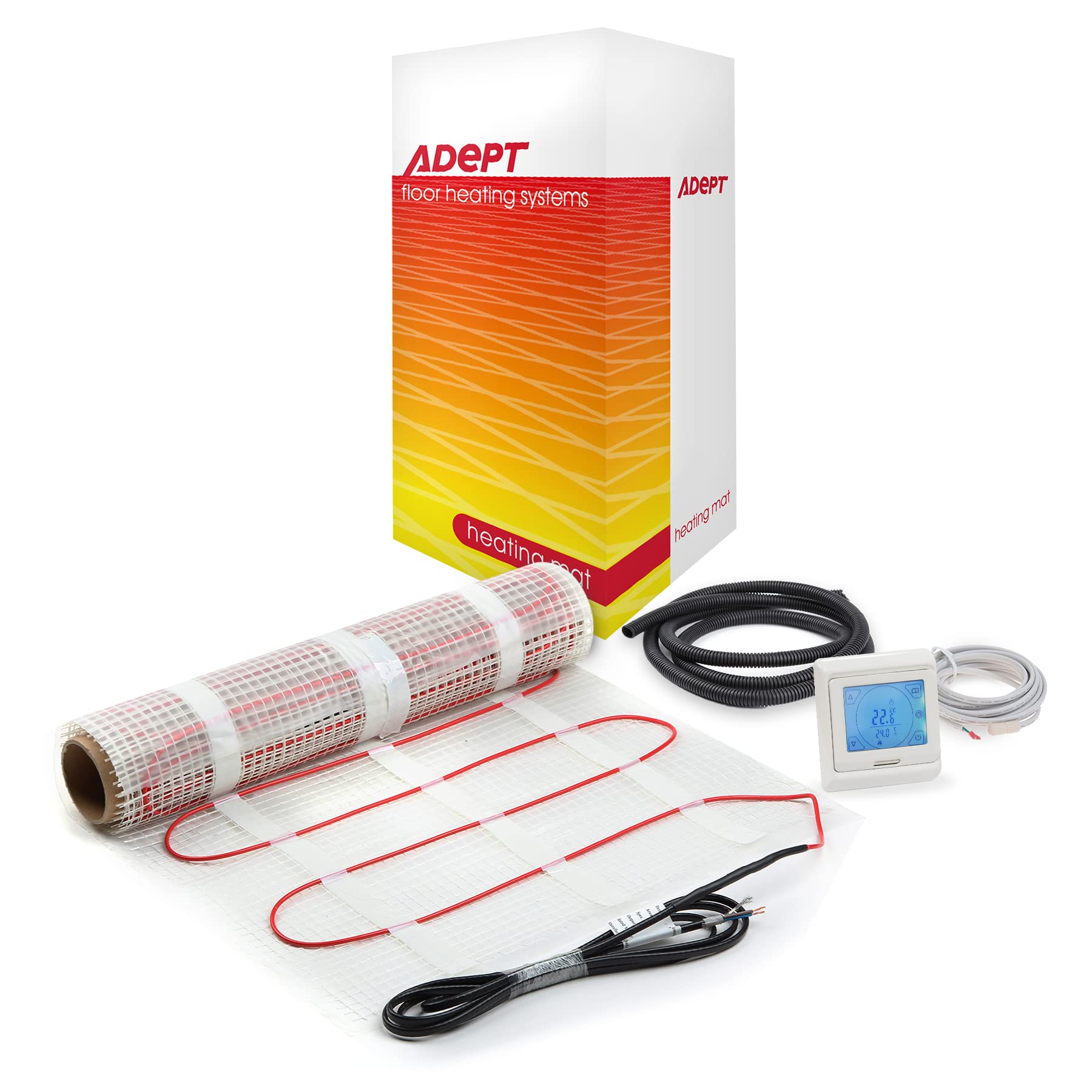Adept Premium Electric Underfloor Heating Mat Kit 200W per m² with Self Adhesive Backing for Under Tile or Stone Floors - 6m2 Kit - White Touchscreen Thermostat