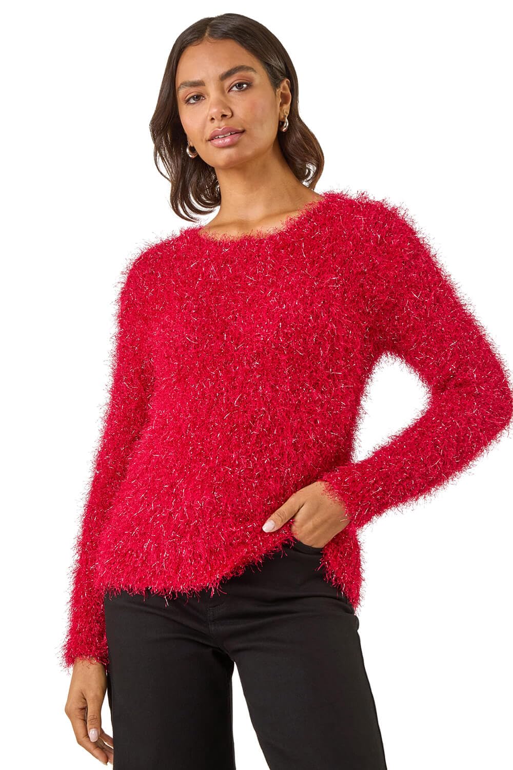 Roman Originals Women's Red Metallic Fluffy Knit Jumper For Uk - Everyday Autumn Winter Crew Neckline Comfy Soft Evening Vacation Work Party Night Out - Size 20