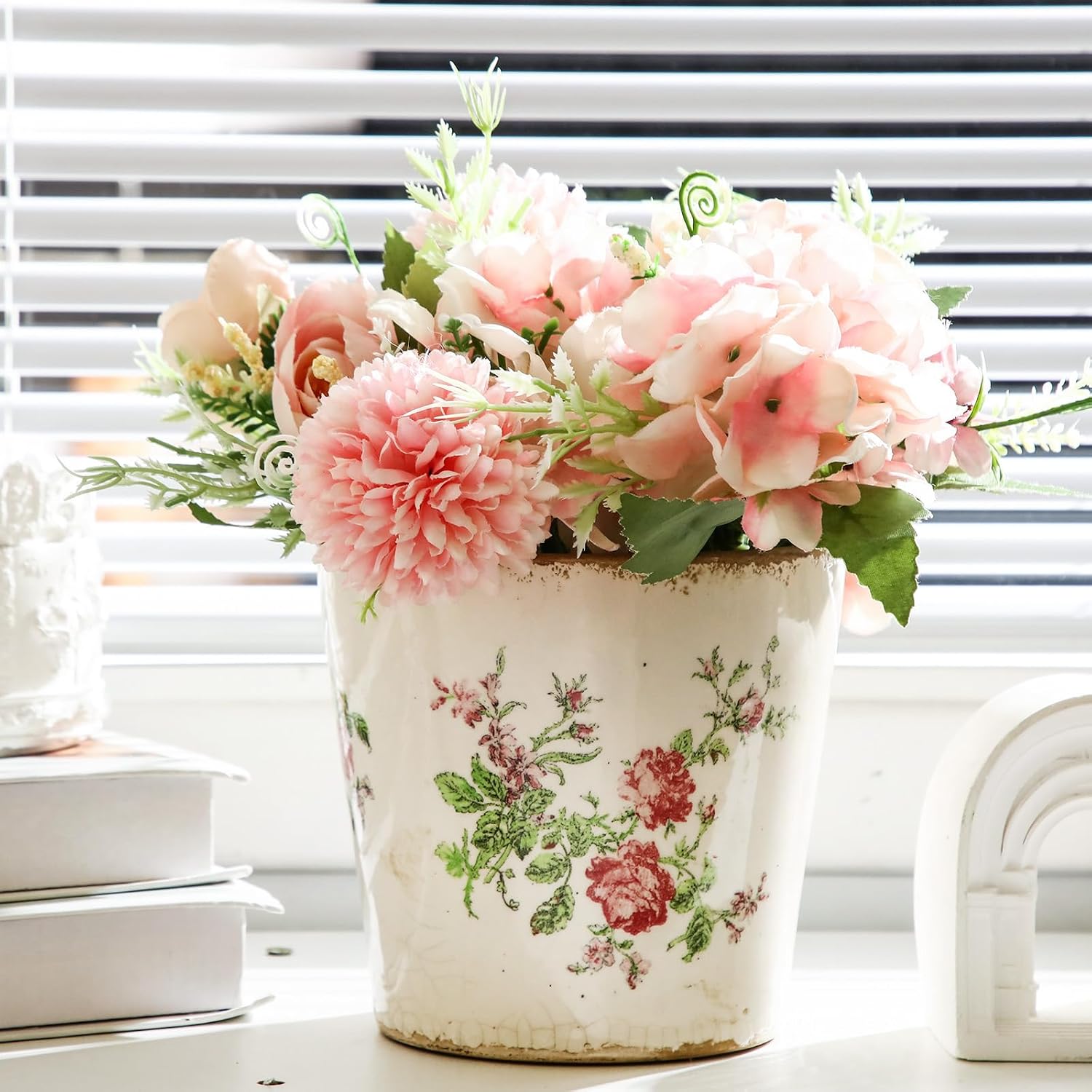 Beeveer 1 Pcs Ceramic Floral Plant Pots with Drainage Hole 5.5 Inch Vintage Farmhouse Accent Planter Rustic Ice Glazed Crack Flower Planter for Indoor Outdoor Home Decor (Pink Rose,Beige and Pink) image 2