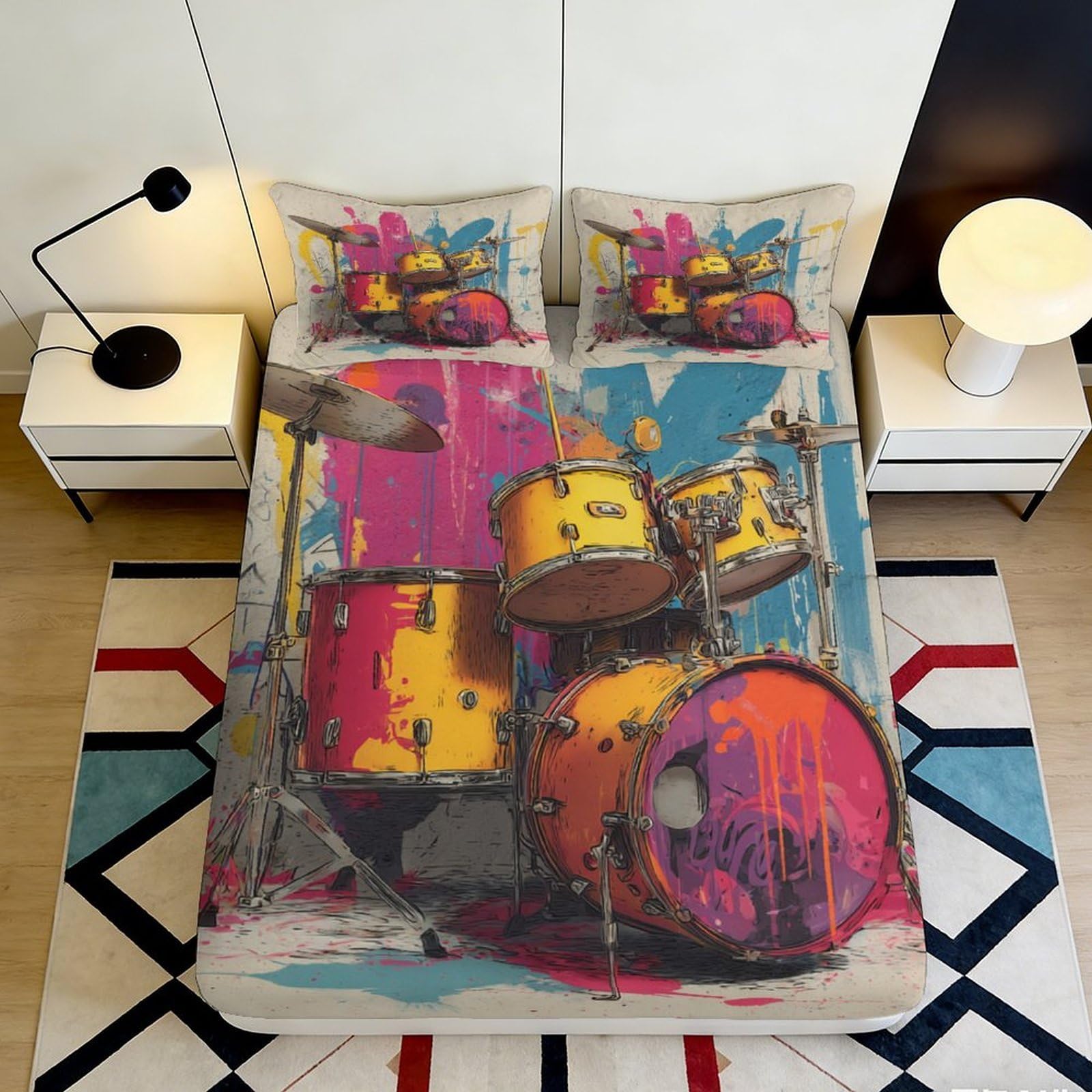 3D Printed Drum Set Fitted Sheet Microfiber Vibrant Graffiti Bed Cover for Bedroom Decor Dorm Mattress Protection 90x200x25cm