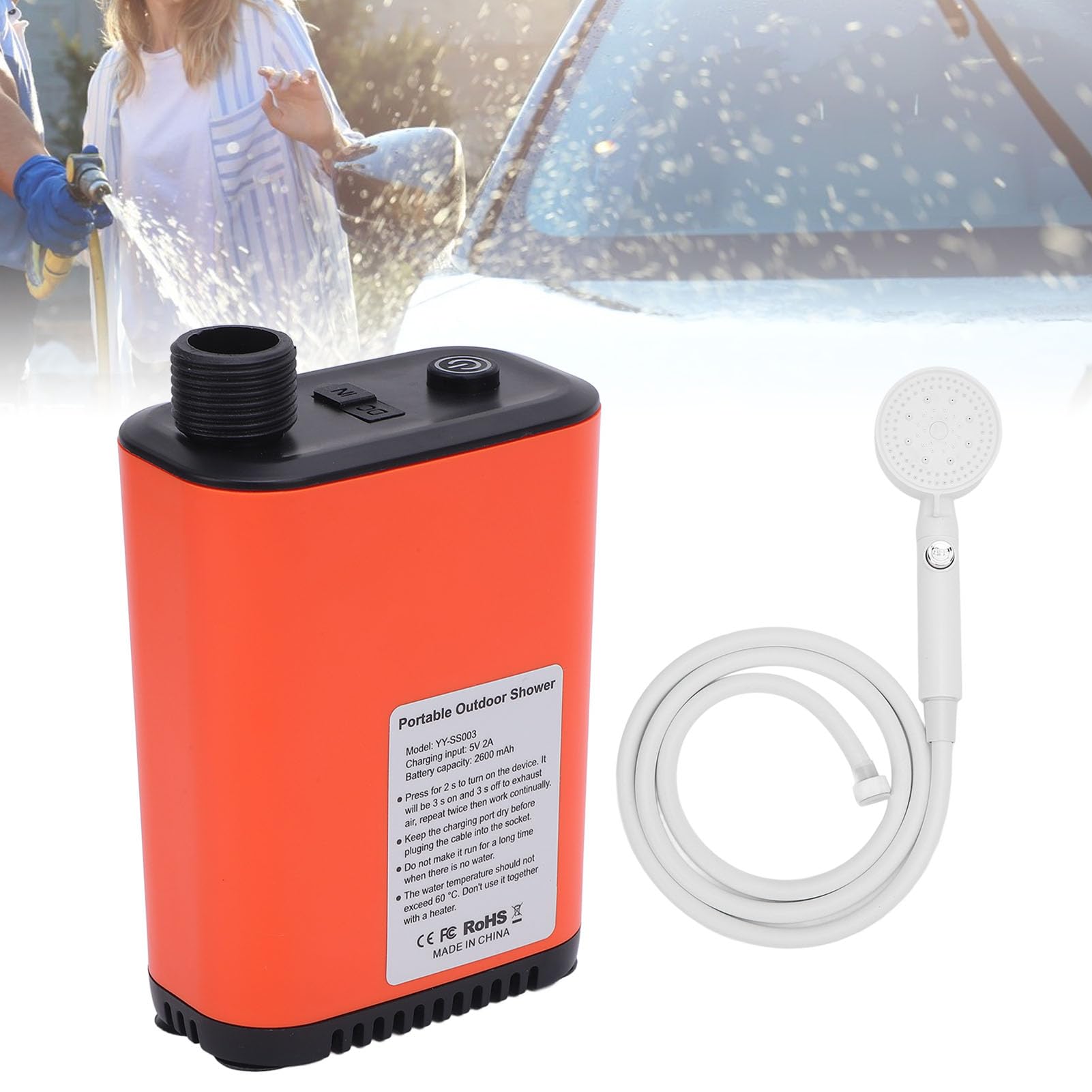 Set doccia portatile con pompa ricaricabile da 2600 mAh, a prova di perdite, ideale per campeggio, escursionismo, spiaggia e attività all'aperto. Materiale ABS.