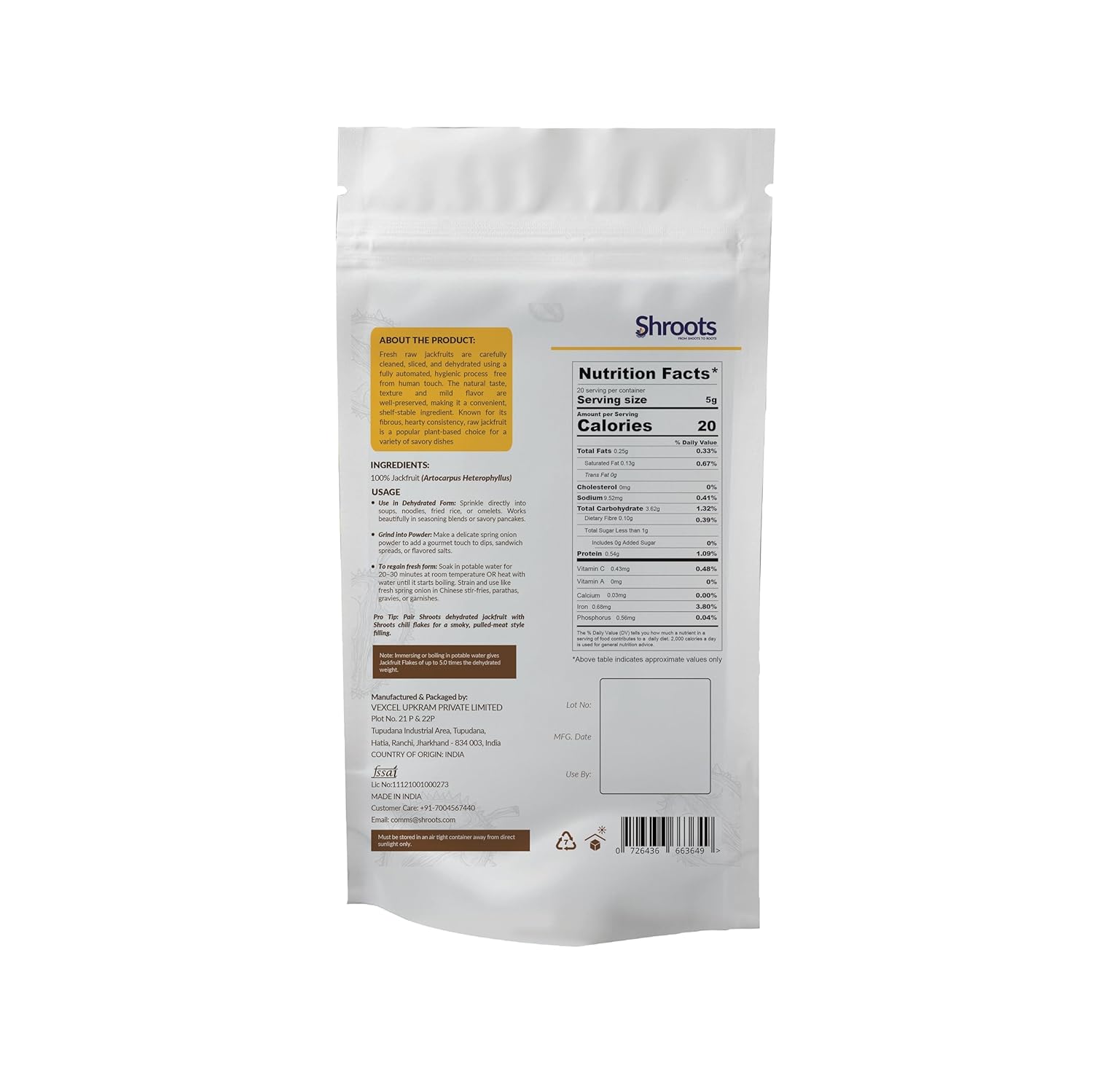 SHROOTS Dehydrated Vegetable Jackfruit Flakes Air Dried Vegetable Gluten Free Vegan No Added Salt Easy Cooking Dried Jackfruit Flakes for Soup, Everyday Meals – Great for Camping, Emergency Survival Food Bulk Pack (100g/3.5oz Pack of 1)