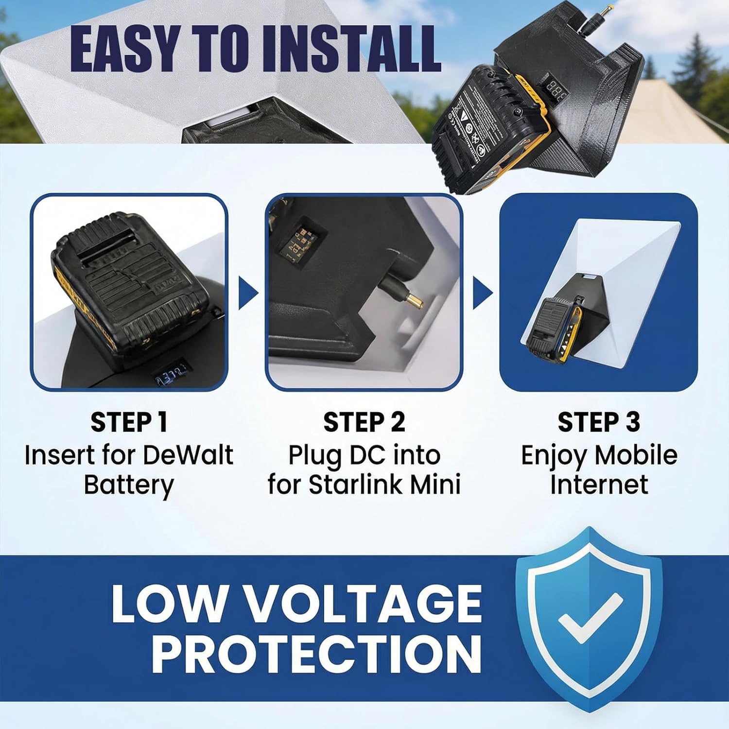 Starlink Mini for DeWalt Battery Adapter ,for De.Walt 20V/60V Series Batteries- Portable Power Solution,Starlink Mini Accessories,for Camping, RV, Off-Grid - Reliable Power with Low Voltage Protection