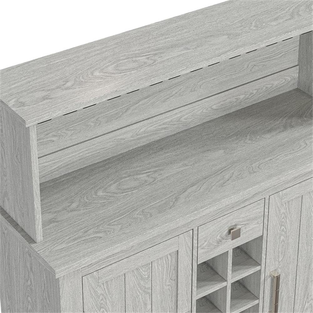 Pemberly Row 47 in Grey Buffet Bar Cabinet, Wine Rack w/Wood Pattern Countertop, 2 Doors, Adjustable Shelves, Metal & Wood Glass Holders, Holds 10 Bottles, Home Bar Storage for Dining Room or Kitchen