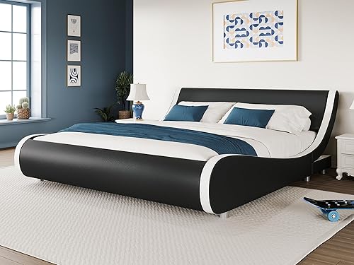 WEEWAY Base de cama moderna de plataforma tapizada tamaño Queen, cama de trineo de piel sintética con cabecera ajustable, soporte de listones de
