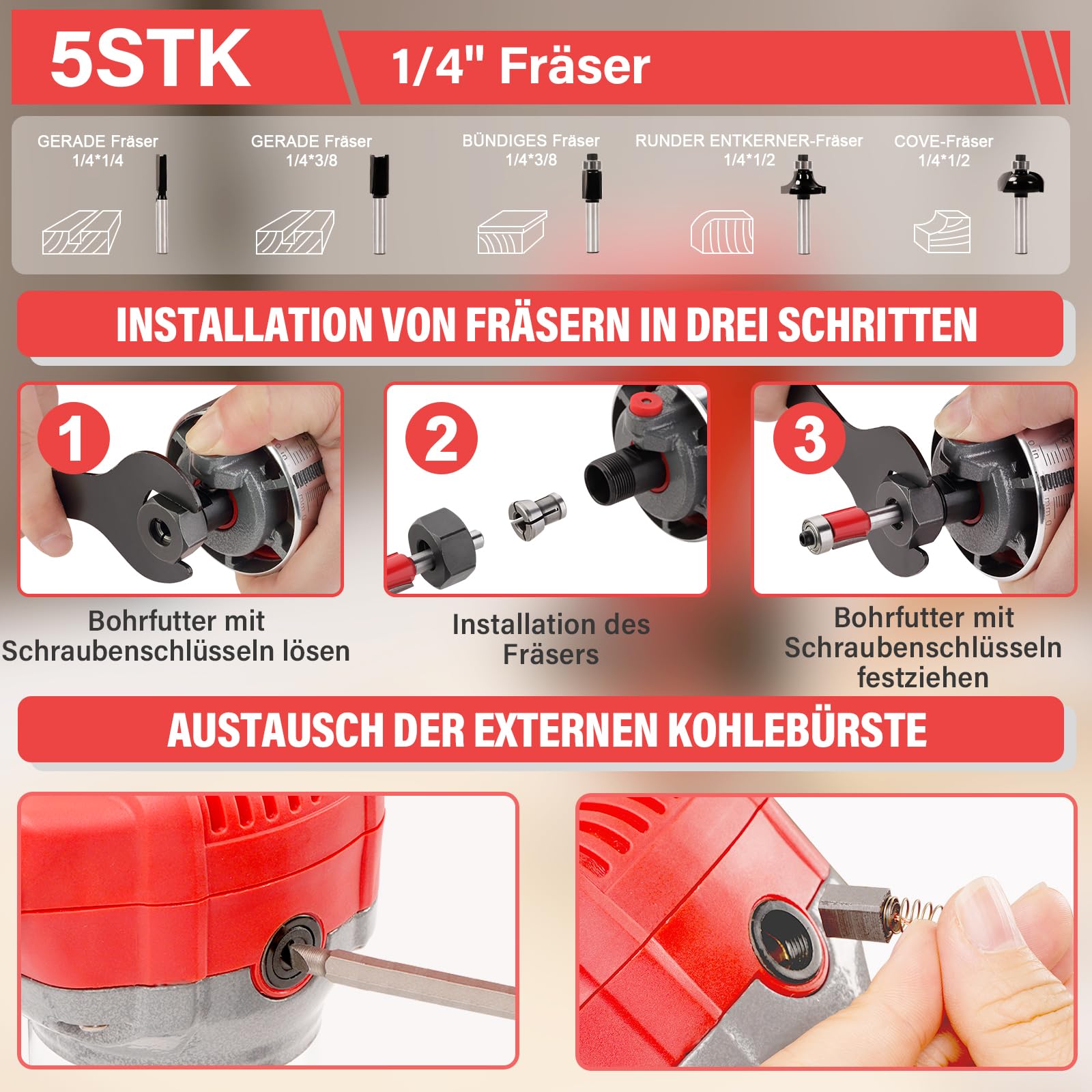 TEENO Holzfräse Oberfräse 800W 13000–33000 U/min mit Staubabsaugungsanschluss, Elektrik Kantenfräse Mit 5 Stück 1/4" Fräsen Cuter,6 Variable Geschwindigkeiten, Spannzange 6MM, 6.35MM, 8MM