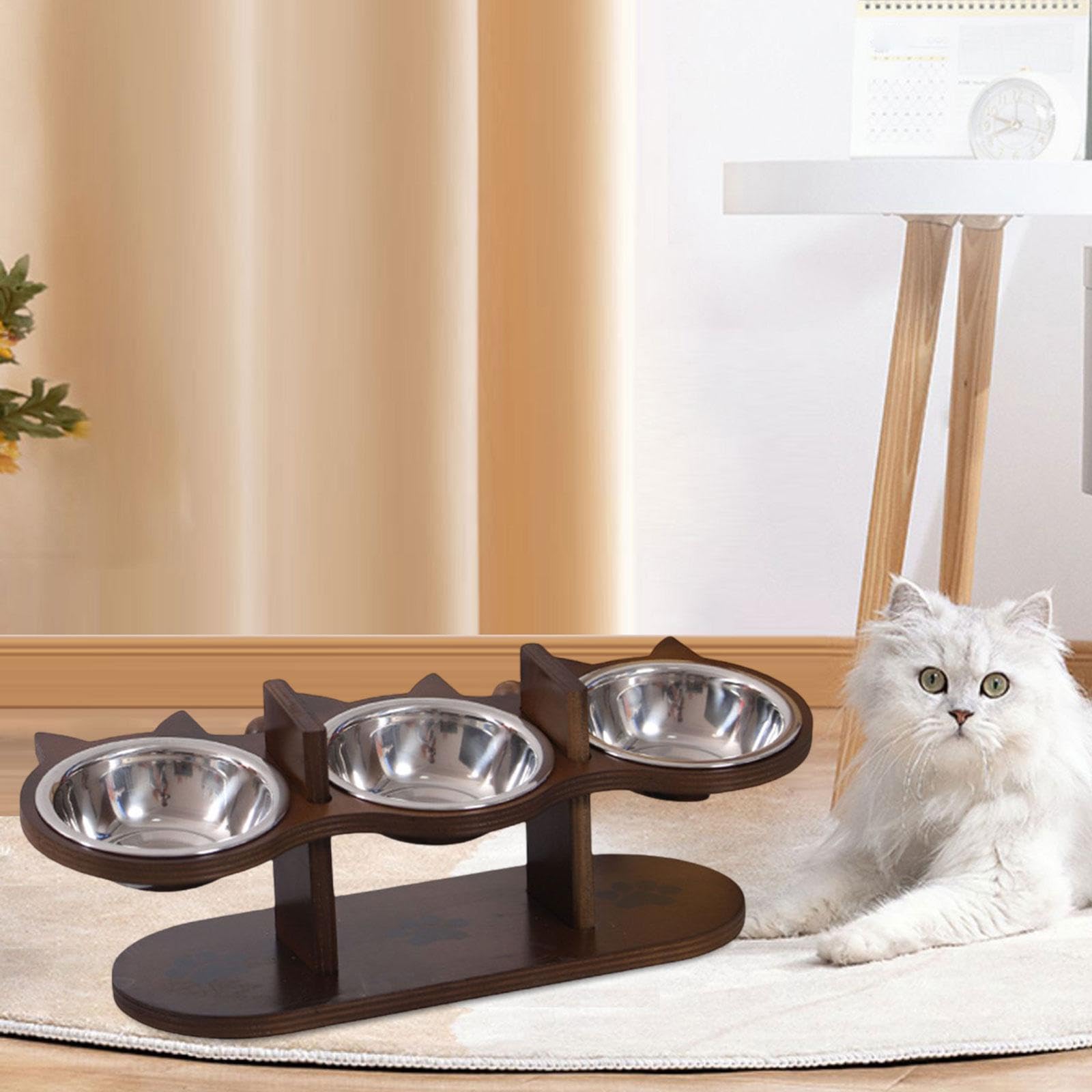 Comedero Elevado para Mascotas con 3 Cuencos de Acero Inoxidable Y Soporte de Madera, Estación de Alimentación para Gatitos Y Perros Pequeños.