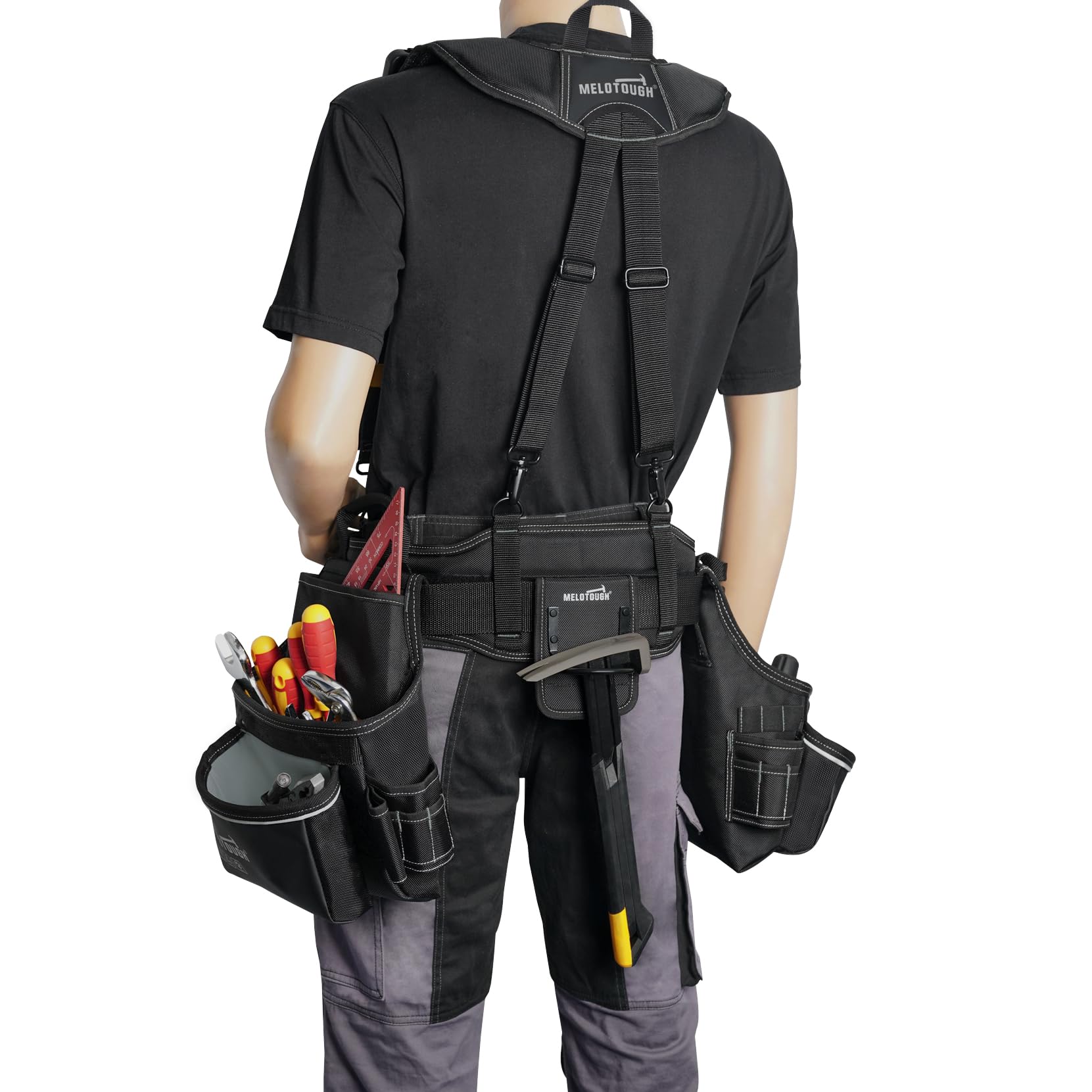 MELOTOUGH Cinturón de herramientas de carpintero con tirantes, organizador combinado profesional con bolsa de herramientas con tirantes con 27 bolsillos y trabillas para cintura de 84-127 cm para