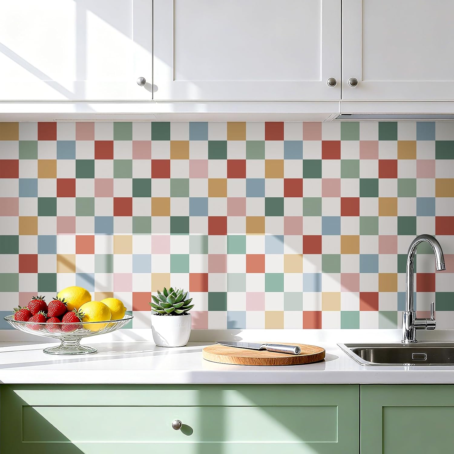 LACHEERY 17.5"x275" Retro Checkered Peel and Stick Wallpaper Checkered Contact Paper Green Pink Blue Removable Wall Paper Colorful Checkerboard Wallpaper for Bathroom Kids Bedroom Walls Cabinets Desk