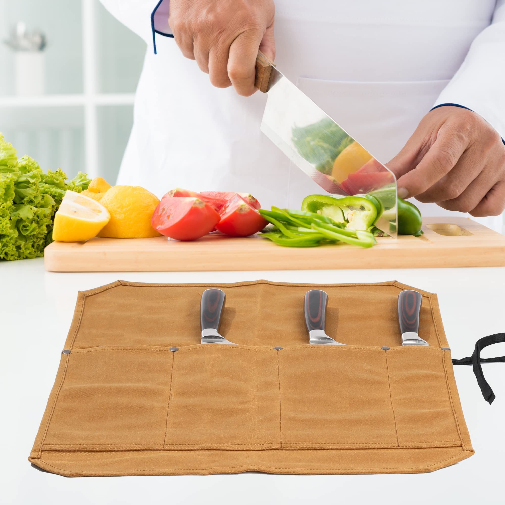 Bolsas para rollo de cuchillos, soporte para cuchillos de lona encerada de 16 onzas (4 ranuras y tela especializada anticorte), bolsa multiusos para cuchillos con cuerda de corbata, caqui