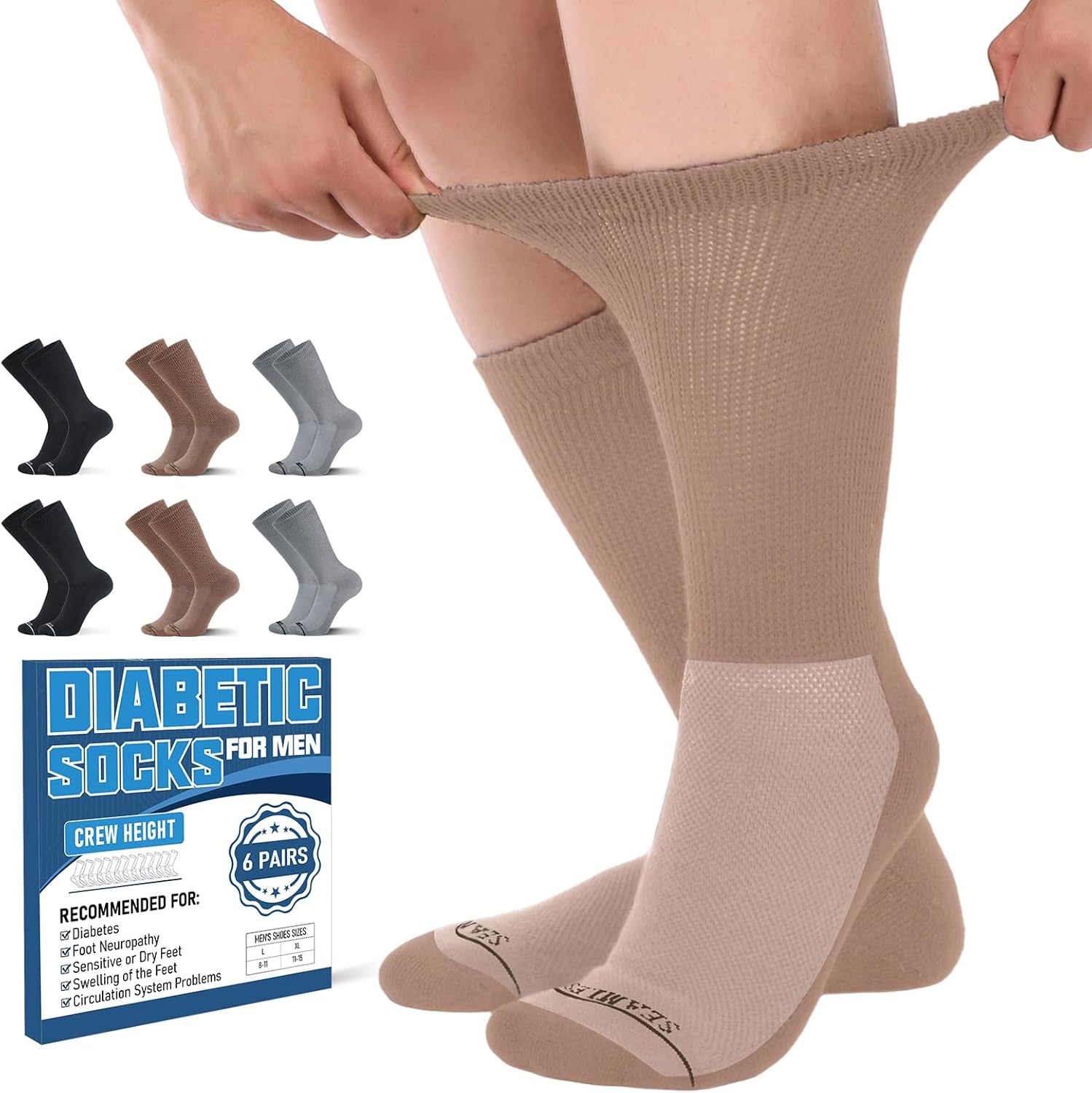 Diabetic Socks for Men, 6 Pairs Seamless Crew Socks with Non Binding, Soft Cushione...