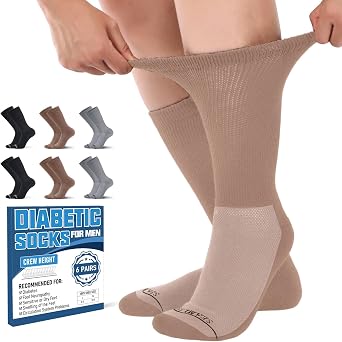 Diabetic Socks for Men, Seamless Crew with Loose Non-Binding Top
