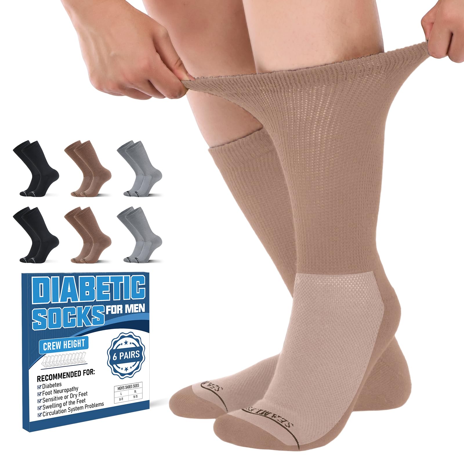 Frelimiu Diabetic Socks for Men,Seamless Crew Socks with Non Binding,Soft Cushioned Sole Sock with Loose Top,Diabetes Sock Men for Neuropathy,lymphedema,Edema,Swollen Feet,6 Pairs 11-15(XL)